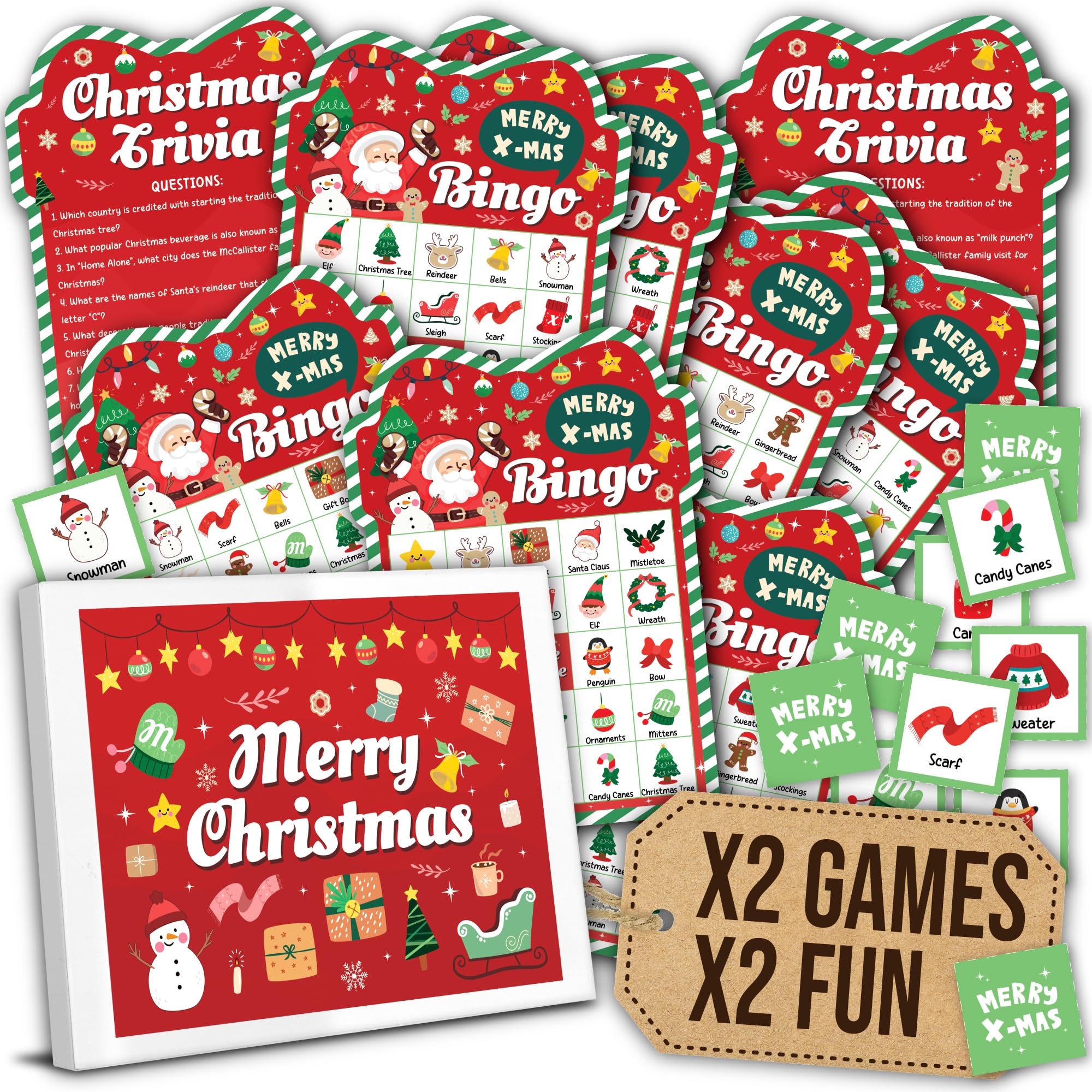 Christmas Bingo Game for Large Group - 25 Christmas Bingo Cards for Adults, Fun Christmas Games for Family Party, Christmas Party Games, Xmas Holiday Bingo Christmas Trivia Games Cards Set