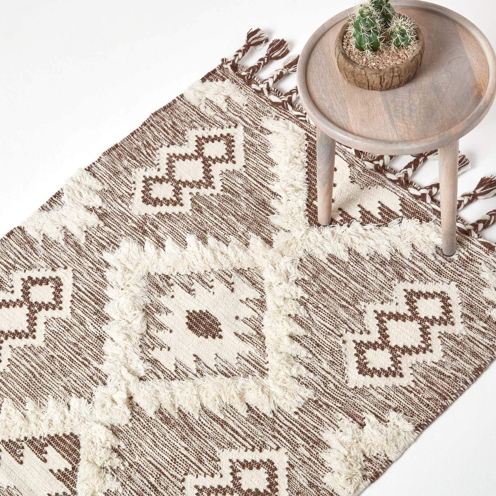 HOMESCAPES Lhasa Tappeto Kilim intrecciato a mano marrone e crema per soggiorno tappeto in lana trapuntata con frange, 90 x 150 cm