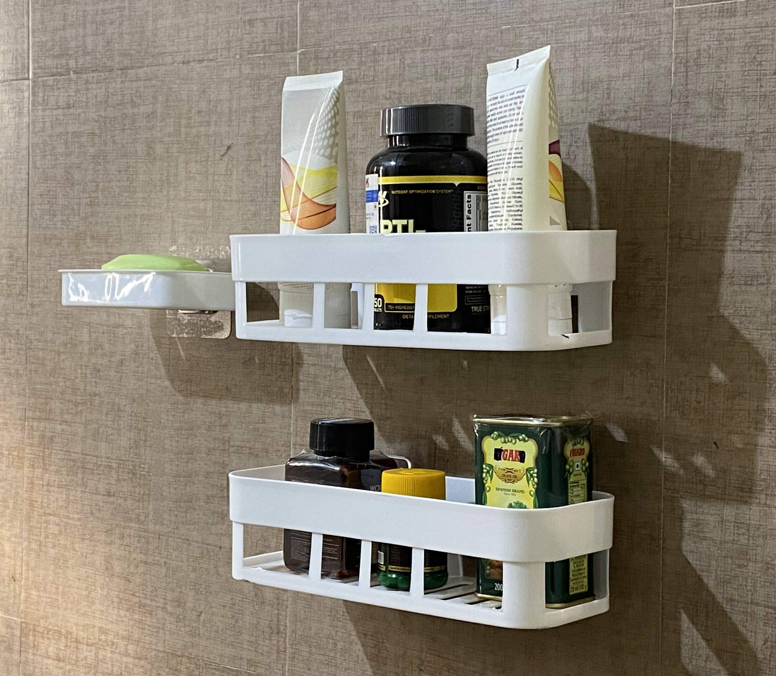 CPEX Multipurpose Self-Adhesive Plastic Kitchen Bathroom Shelf Storage Rack Storage Box And Soap Box Stand With Magic Sticker - White (Set of Bathroom Shelve 2Pcs + Soap Stand 1Pcs) (B08R9YVD38) Amazon Price History, Amazon Price Tracker