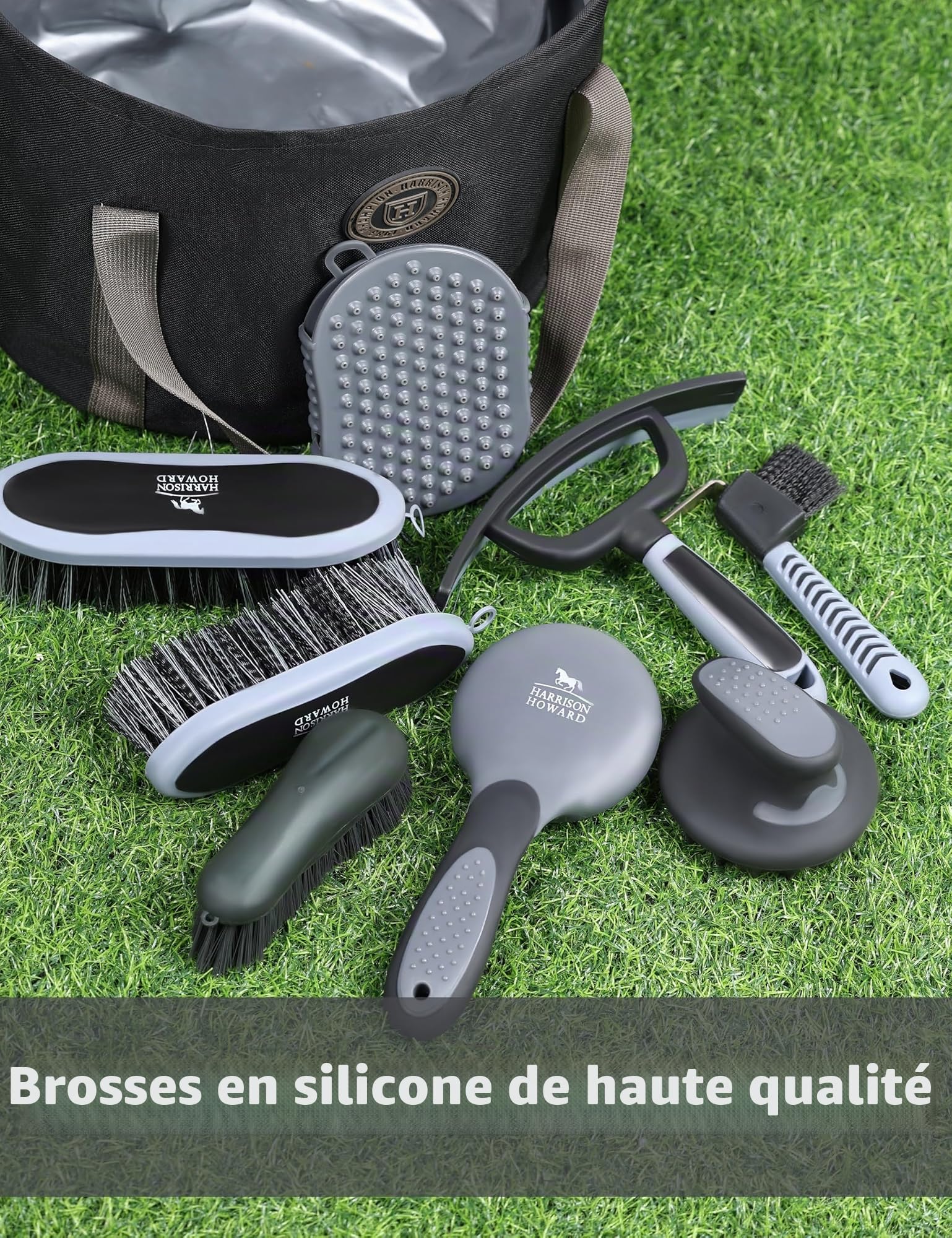 Harrison Howard Kit de toilettage pour chevaux 9 pièces Equine Care Series Ensemble de brosses pour chevaux avec sac fourre-tout organiseur Noir