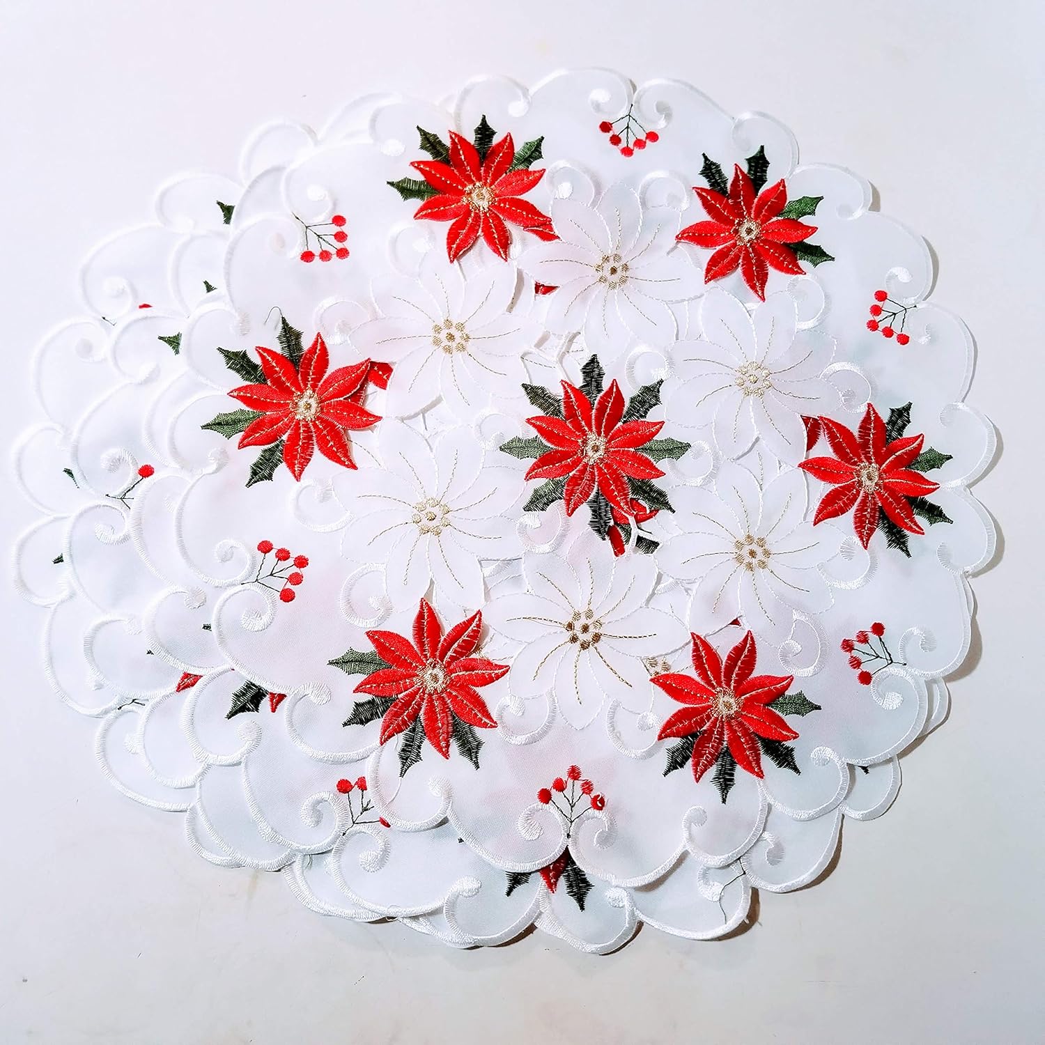 Embroidered Christmas Table Runner and 4 Doily Table Mats Set Beautiful Poinsettia Flower & Holly Leaf Design, White, Red, Green (Christrun2021)