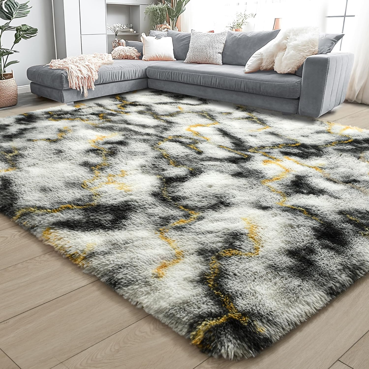 Noahas Fluffy 4x6 Area Rugs for Bedroom Living Room,Thick Shag Grey and Gold Throw Floor Carpet,Soft Shaggy Bedside Non-Slip Plush Dorm Nursery Kids Rug