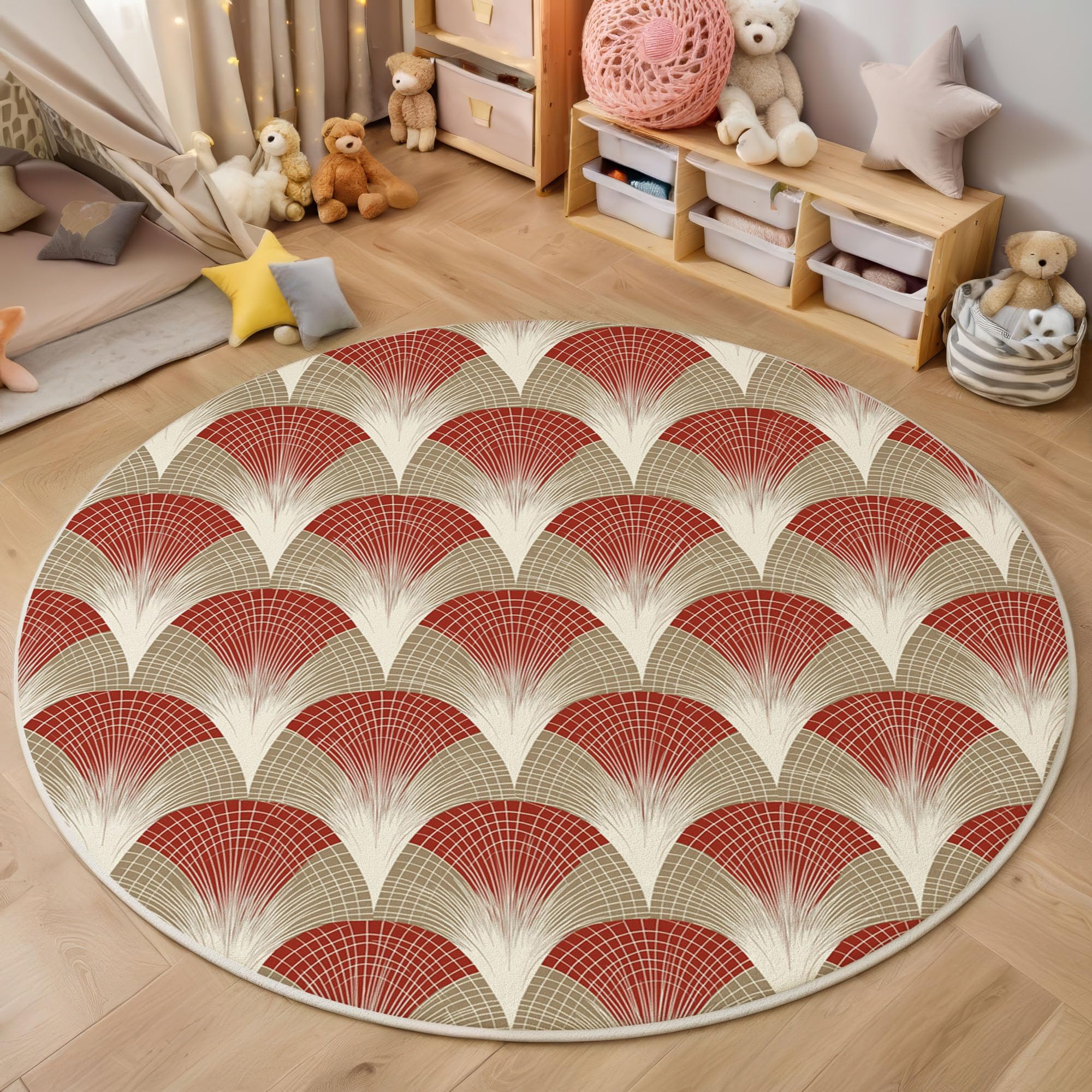 Tapis rond Art Déco 120cm avec envers antidérapant haute densité pour sols en carrelage