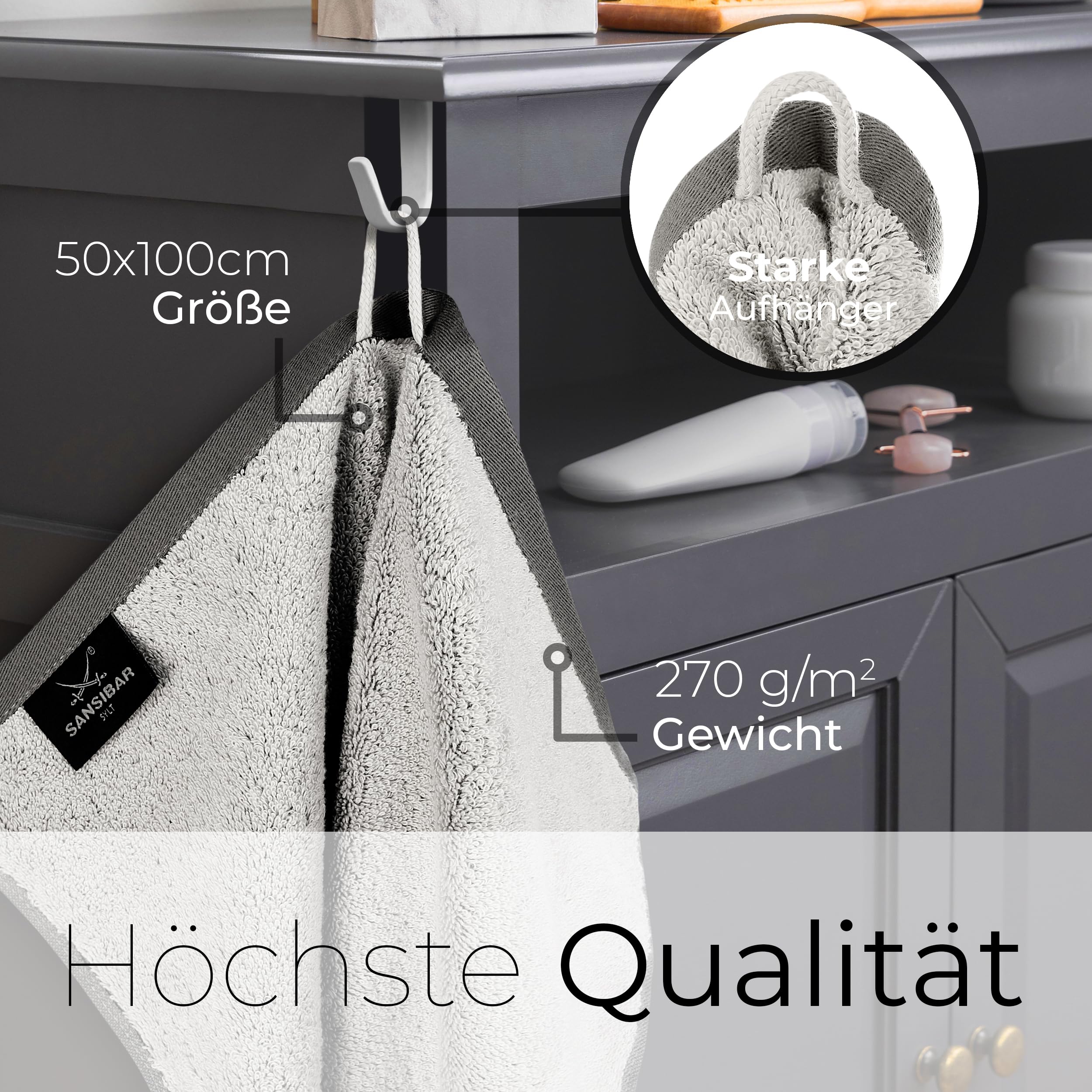 Sansibar Handtuch 4er Set 50x100 cm 100% Baumwolle Doubleface Frottiertuch gestreifte Borde Zweifarbig Anthrazit/Silber
