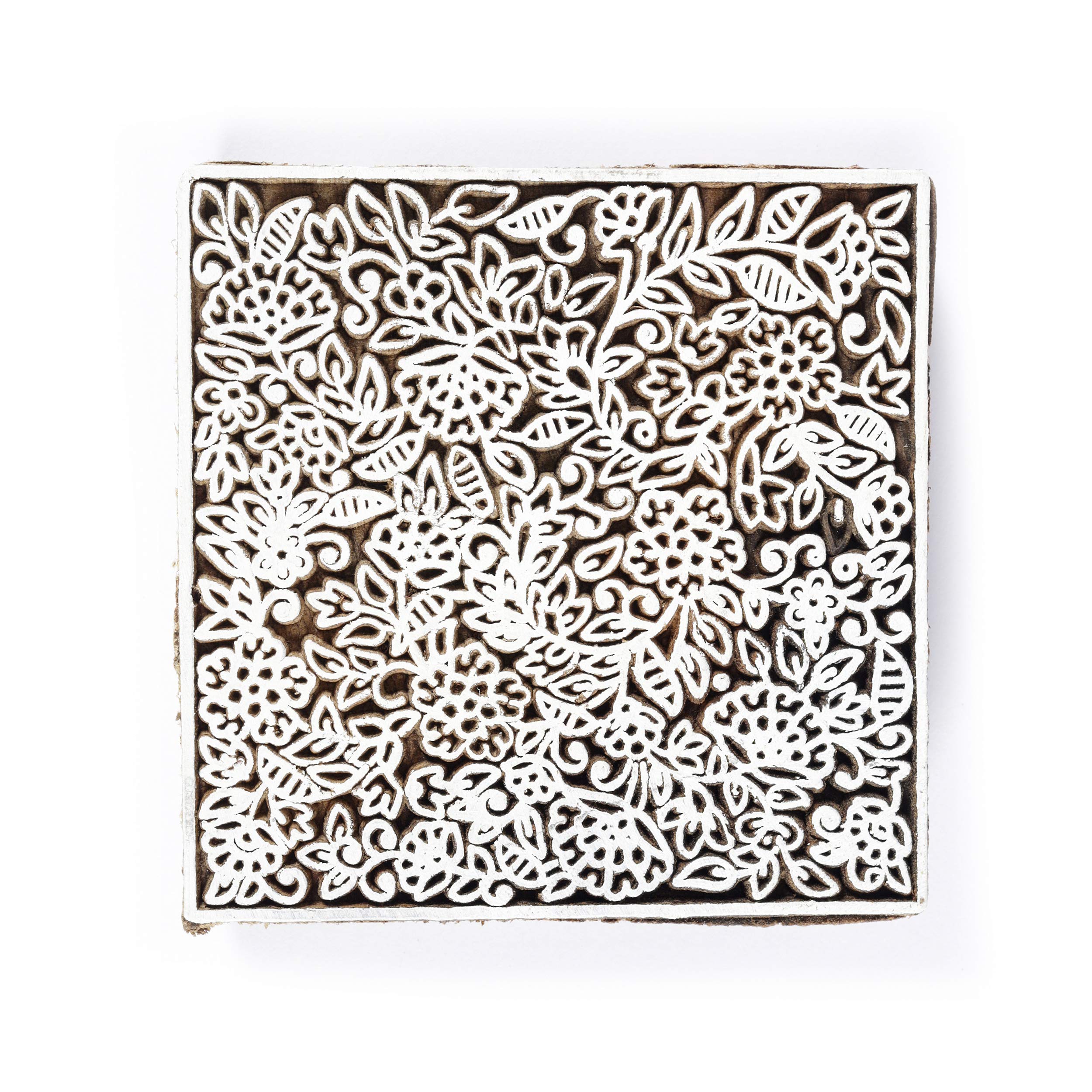 Square Floral Designed Wood Block Stamp Hand Carved Textile Stamp Blocks Wooden Scrapbook (Brown)