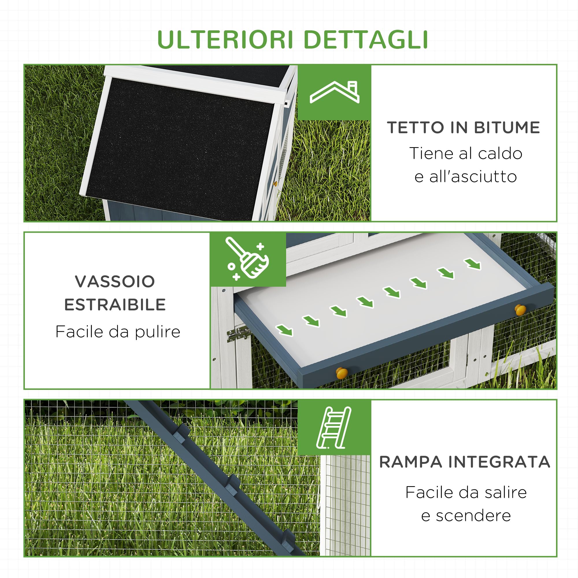 PawHut Pollaio Prefabbricato in Legno con Area Aperta, Pollaio per Galline da Esterno, Casetta per Galline e Nido per la Cova, Aiuola e Tetto in Asfalto, Grigio