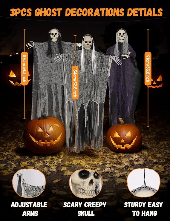 3 Pack Hanging Halloween Skeleton Ghosts Decor - Grim Reapers Flying Ghost with Adjustable Arms for Haunted House Prop Party Indoor Halloween Decorations Outdoor