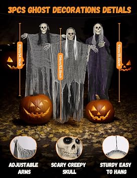 3 Pack Hanging Halloween Skeleton Ghosts Decor - Grim Reapers Flying Ghost with Adjustable Arms for Haunted House Prop Party Indoor Halloween Decorations Outdoor