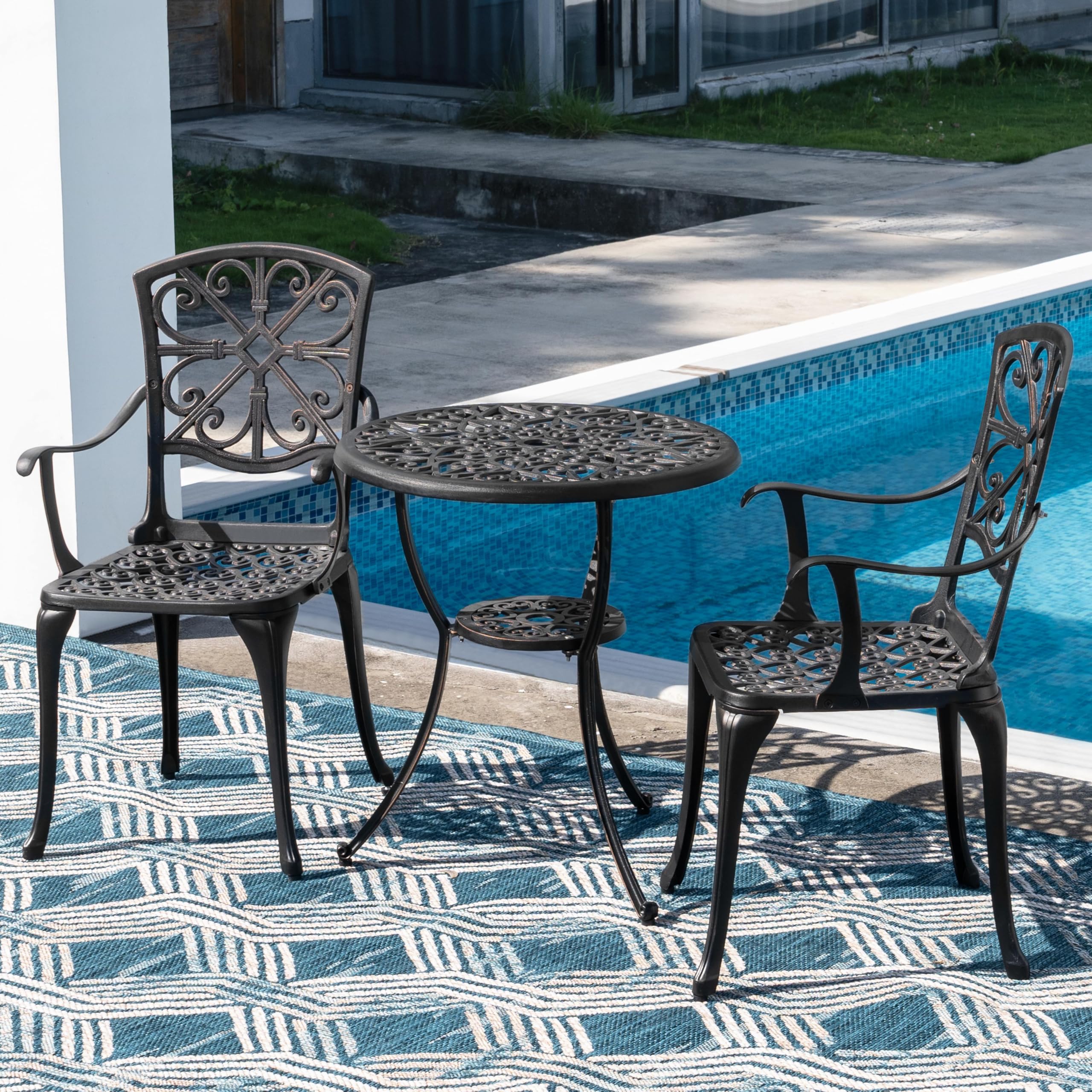 Avestar 3-teiliges Outdoor Bistro Set, Gartenmöbel, Balkonmöbel Set, runder 60 cm Bistrotisch aus Aluminiumguss, mit Schirmloch, 2 Balkonstühlen, für Terrasse, Schwarz (Mit Armlehnen)
