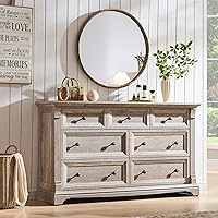 Vista 18 de Cómoda estilo granja de 6 cajones para dormitorio, cómodas y cajoneras grandes de 54" de ancho con columna romana, soporte de TV de madera