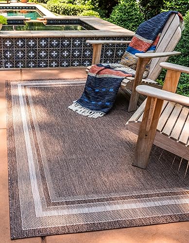 Vista 230 de Unique Loom - Colección Outdoor Border - Tapete para exteriores de borde suave - 5 pies 3 pulgadas x 8 pies, rectangular, azul/marfil azu/marfil
