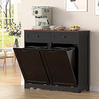 Tilt Out Trash Can Cabinet for 2 Bins, Hidden Trash Can Cabinet, Wooden Laundry Cabinet, Dog Proof Recycle Garbage Can Cabinet for Kitchen, Bathroom, Living Room, Black with Drawer