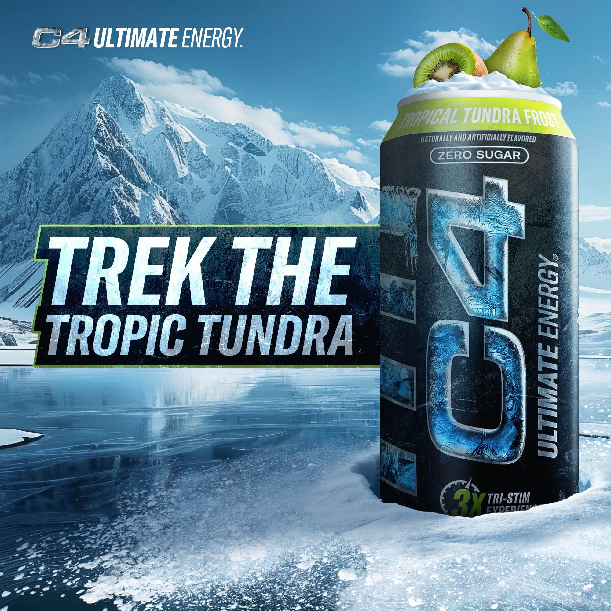 C4 Ultimate Frost Zero Sugar Energy Drink, Tri-Stim Experience with 300mg Caffeine + TeaCrine + Dynamine, Tropical Tundra Frost, 16oz (Pack of 12)