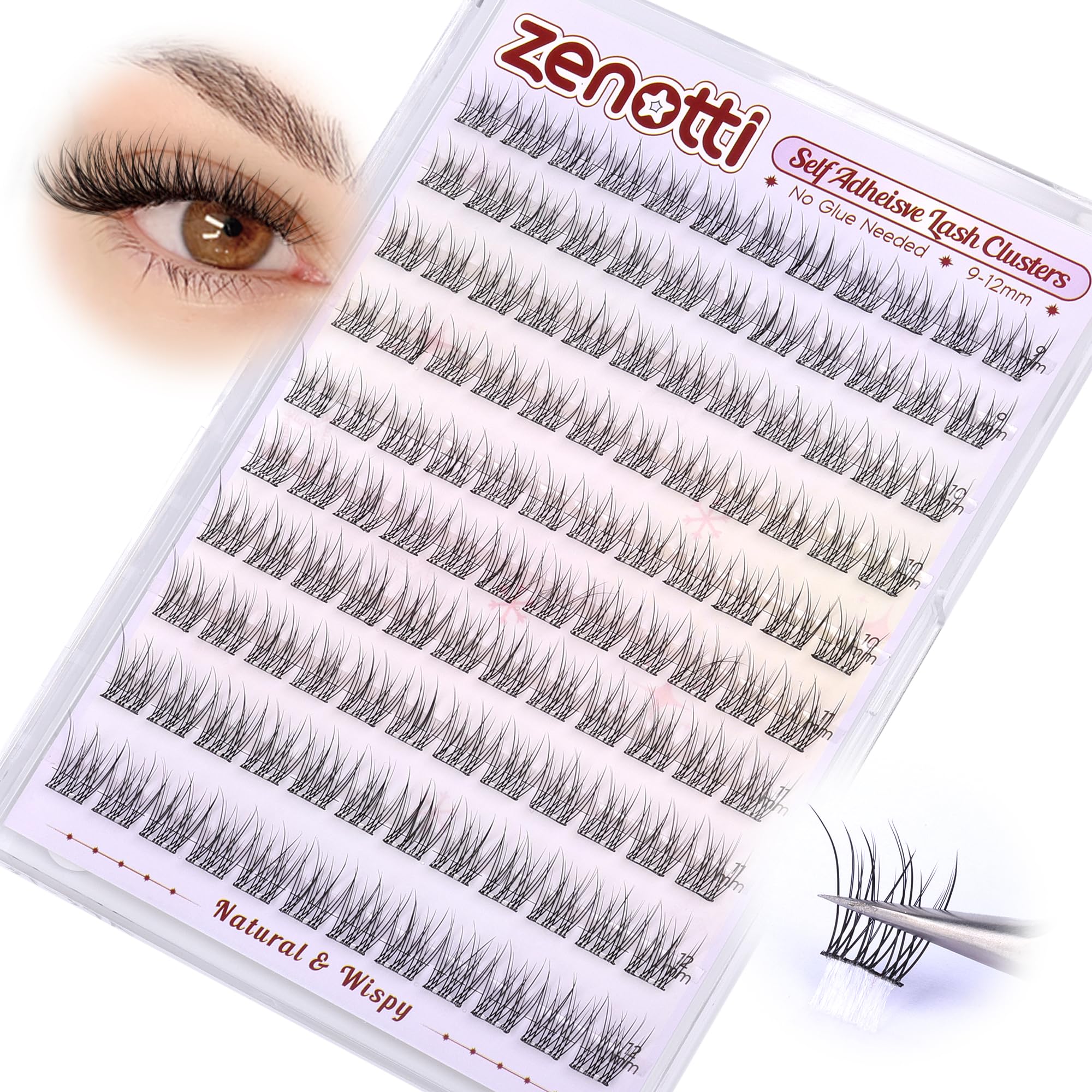 Natural Self Adhesive Clusters Lashes No Glue Self Adhesive Wispy Cluster Eyelashes Extensions Pre-glued Lashes Cluster Reusable C-Curly Individual