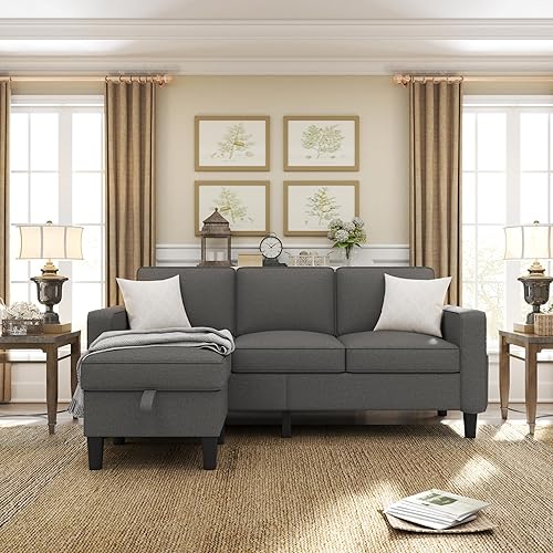 Miniatura 4 de ZeeFu Sofá modular convertible, moderno tapizado de tela de lino gris oscuro de 3 asientos en forma de L, muebles con almacenamiento reversible
