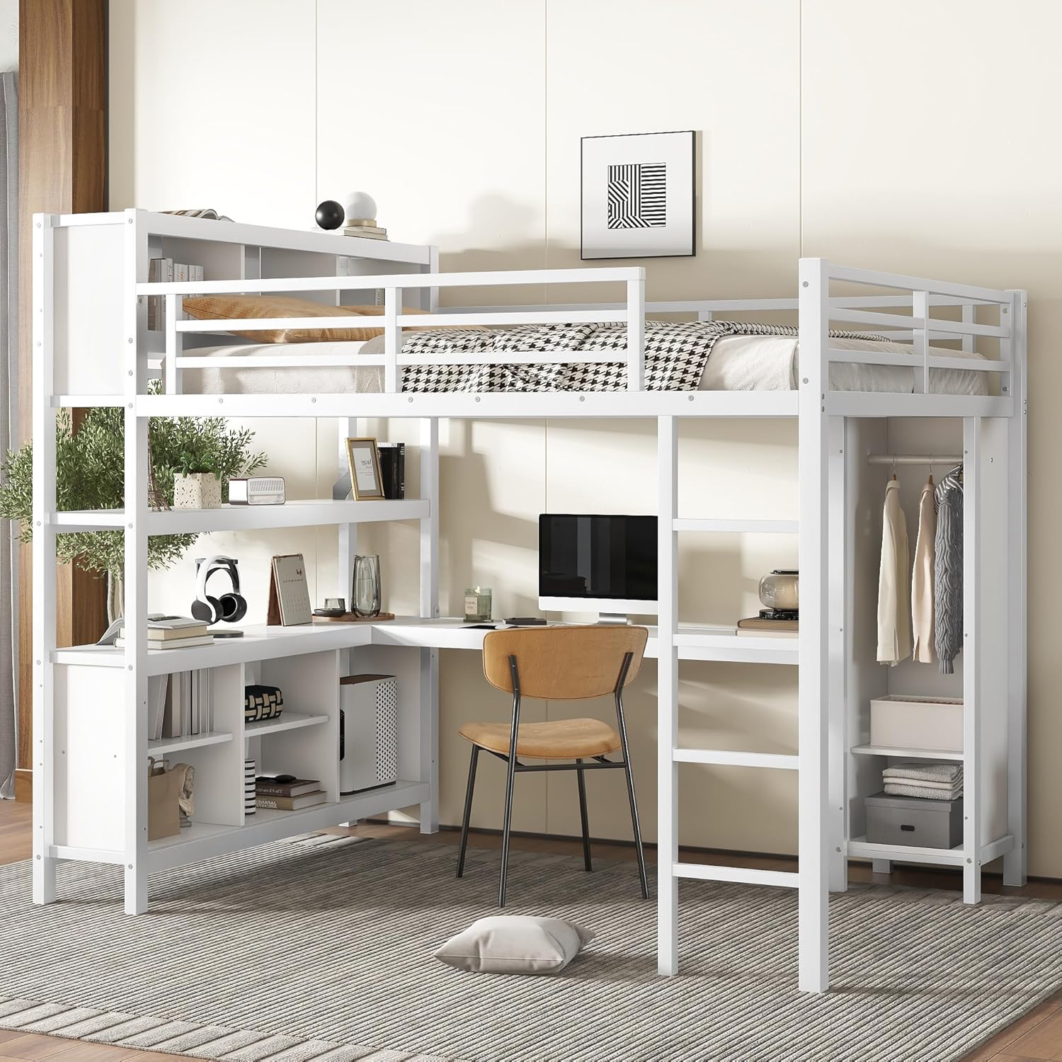 Harper & Bright Designs Queen Loft Bed with Desk, Wardrobe, and Storage Shelves - Thumbnail 2