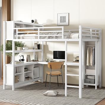 Harper & Bright Designs Queen Loft Bed with Desk, Metal Loft Beds with Storage Shelves, Desk, and Wardrobe, Heavy-Duty Loft Bed Frame for Kids, Teens, Adults, Space-saving and Noise-free Design, White