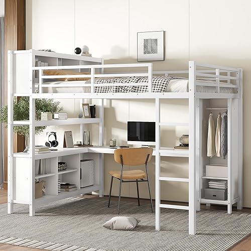 Loft Bed, Metal Queen Size Bed Frame with L-Shaped Desk, Storage Cubes, Cabinet Locker, Shelves and Wardrobe, Kids Adults Bedroom Furniture Versatility Workstation Heavy Duty Storage Bed (Off White)