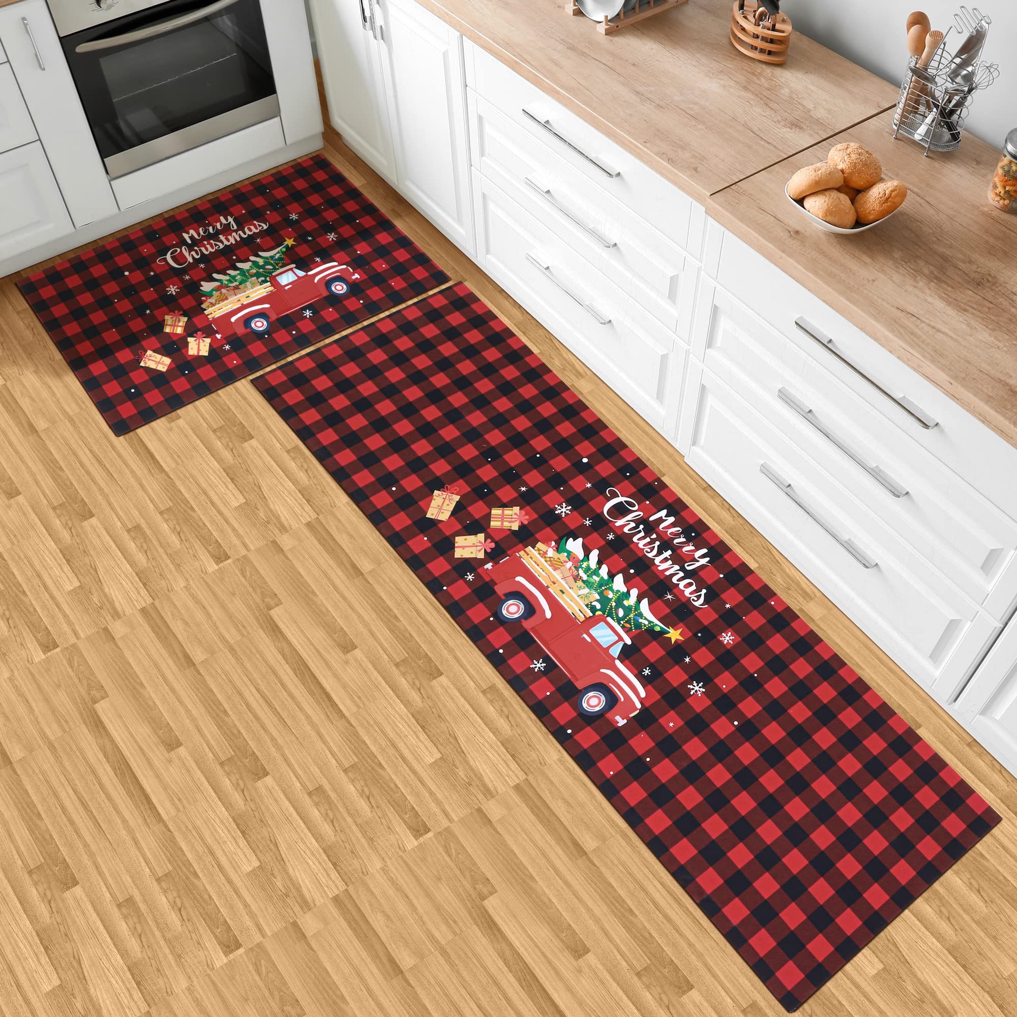 MCEAST 2 Pack Merry Christmas Kitchen Rug Red and Black Buffalo Plaid Floor Mat Non-Slip Christmas Red Truck Runner Rug Xmas Decorative Front Doormat, 15.7 x 27.5 Inch and 15.7 x 51.2 Inch