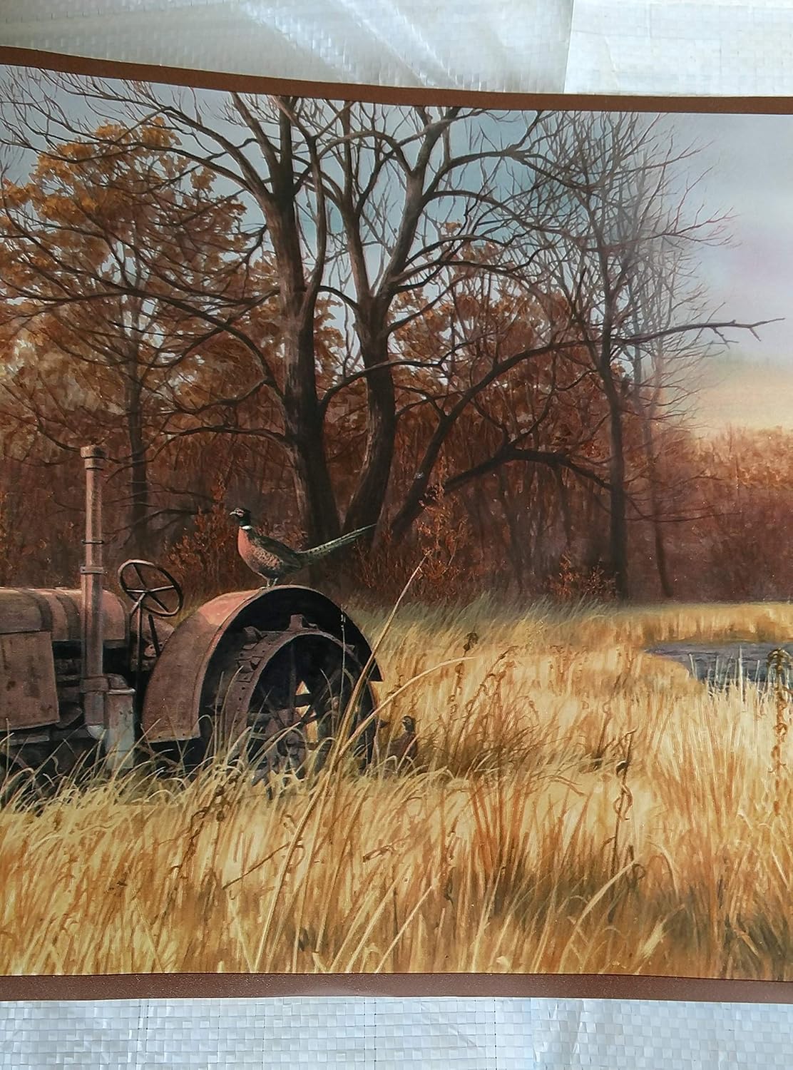 Pheasants Tractor Farm Scene Wallpaper Border - Brown