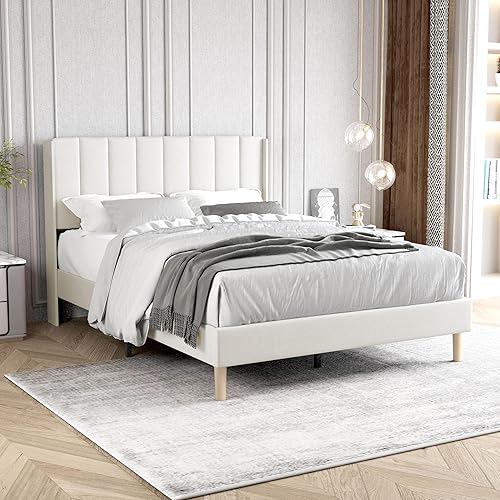 Zoophyter Base de cama tapizada de tamaño matrimonial con cabecero, listones de madera fuertes, no necesita somier, fácil montaje, terciopelo beige disponible en Yaxa Venezuela