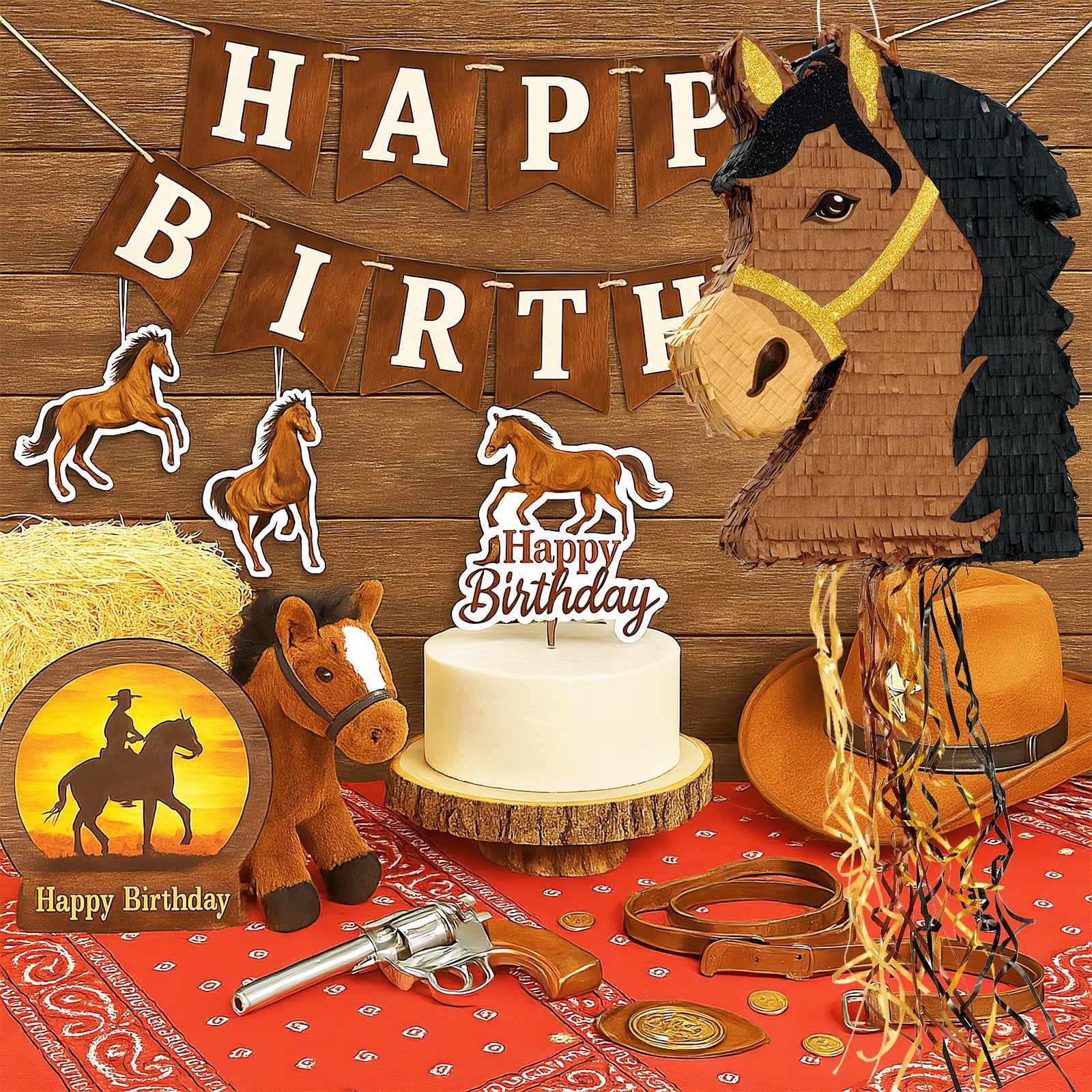 WERNNSAI Piñata cheval – Décoration d'anniversaire pour garçon et enfant Tête de cheval avec bâton Bandeau pour les yeux Décorations de fête d'anniversaire Cowboy Westworld Party Piñata Jeux