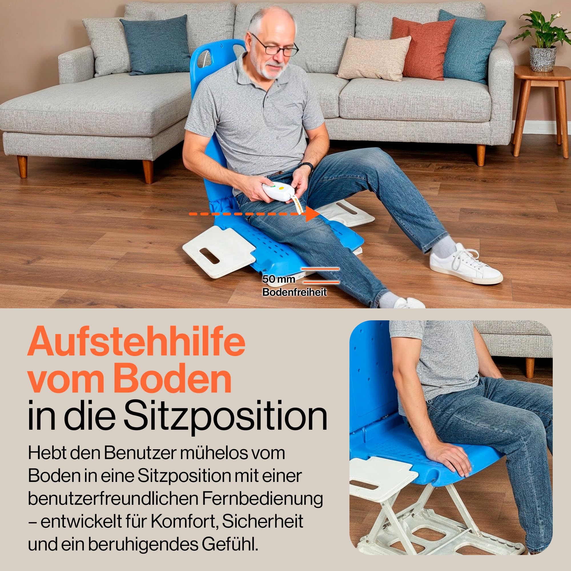 SuperHandy Tragbarer Boden- & Badelift – Leichtgewicht 8,6 kg, Klappbar, Tragfähigkeit 150 kg, IP68 wasserdichter Lift für Senioren, ergonomischer Sitz mit abnehmbaren Seitenteilen (Spa Blue)