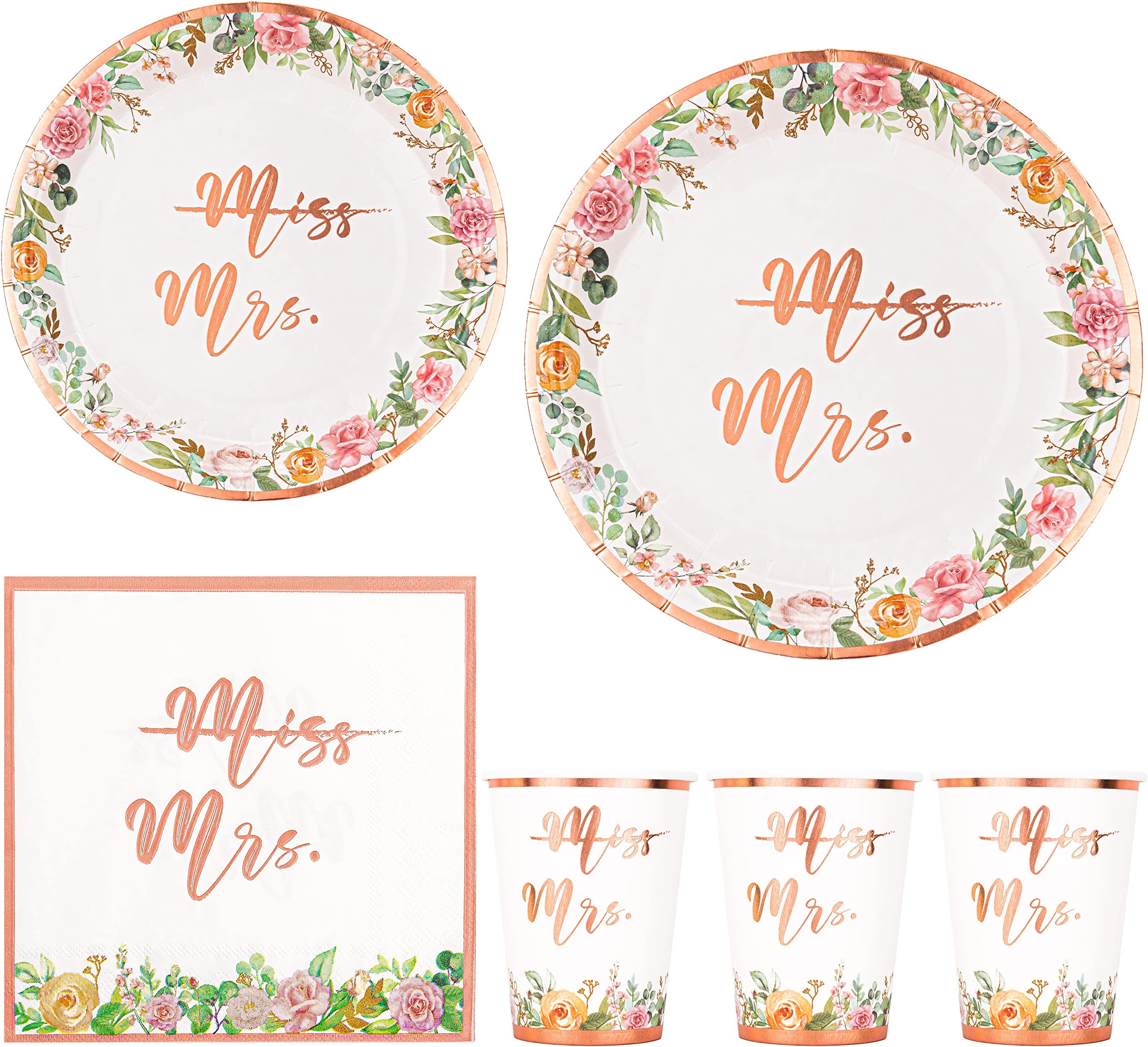 Crisky Floral Miss to Mrs Rose Gold Napkins Plates Cups Disposable Tableware Set of 24 for Bridal Shower Bachelorette Engagement Party Decorations (9" Plates,7" Plates, Luncheon Napkins, 9oz Cups)