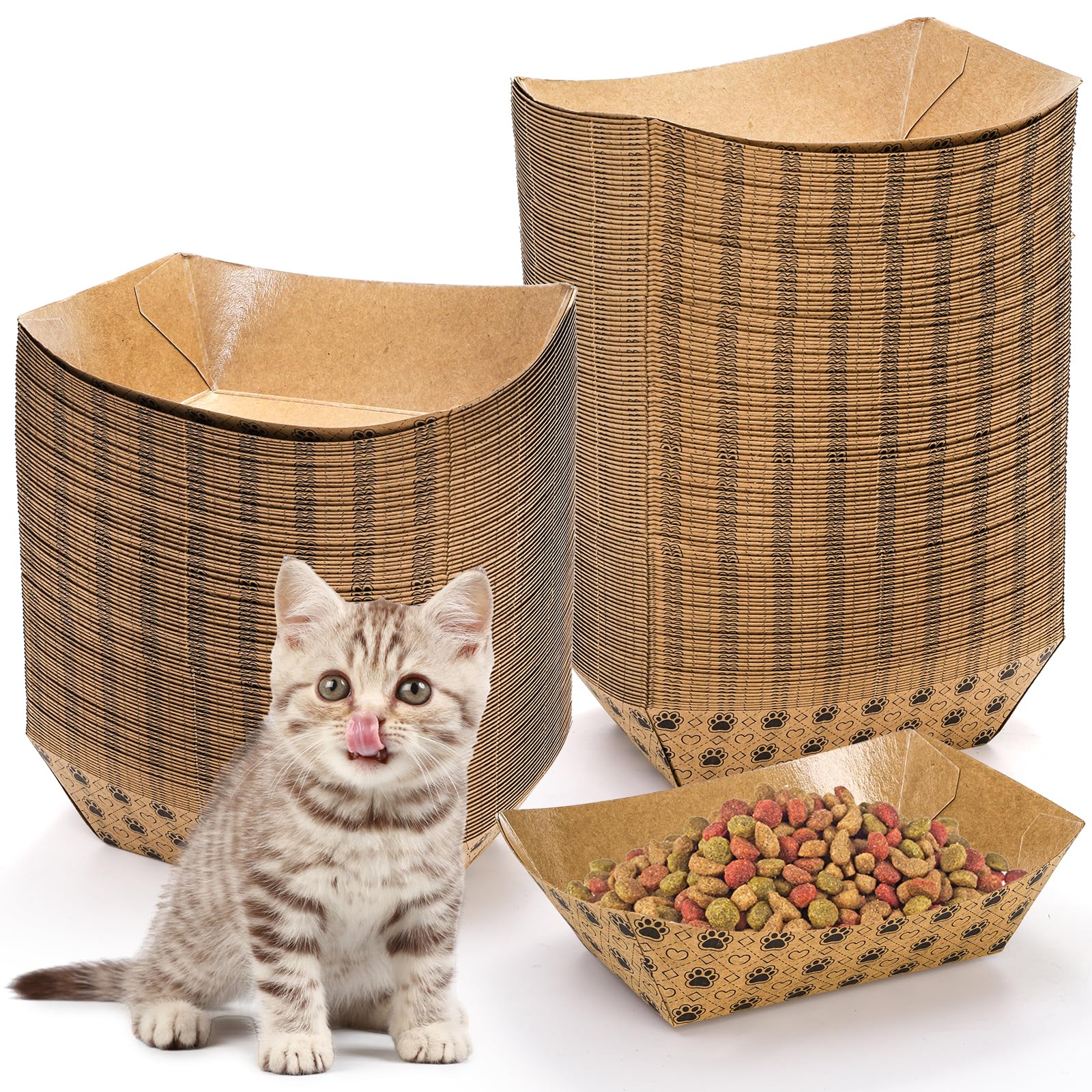 SOUJOY 100 Pack Disposable Pets Feeding Bowls, 2 lb Paper Travel Cat Food Bowl, Boat Foot Print Design Food Serving Trays for Wet and Dry Food, Small Dog Puppy, Cat