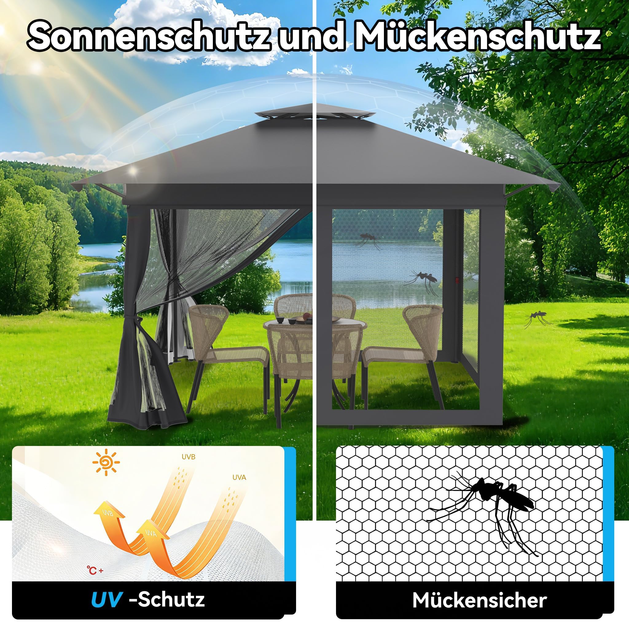 LZQ Tonnelle pliante 4 x 4 m anthracite - Avec double toit - Parties latérales en moustiquaire amovibles - Hauteur réglable - Avec sac de transport, cordes à vent et piquets pour jardin, terrasse et