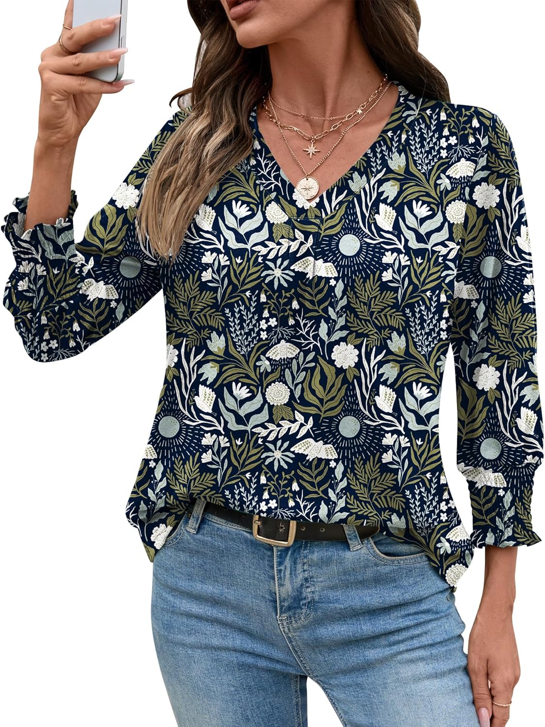 AKEWEI 3/4 Length Sleeve Womens Tops Summer Fashion V Neck Business Casual Blouses Smocked Shirts - Image 2