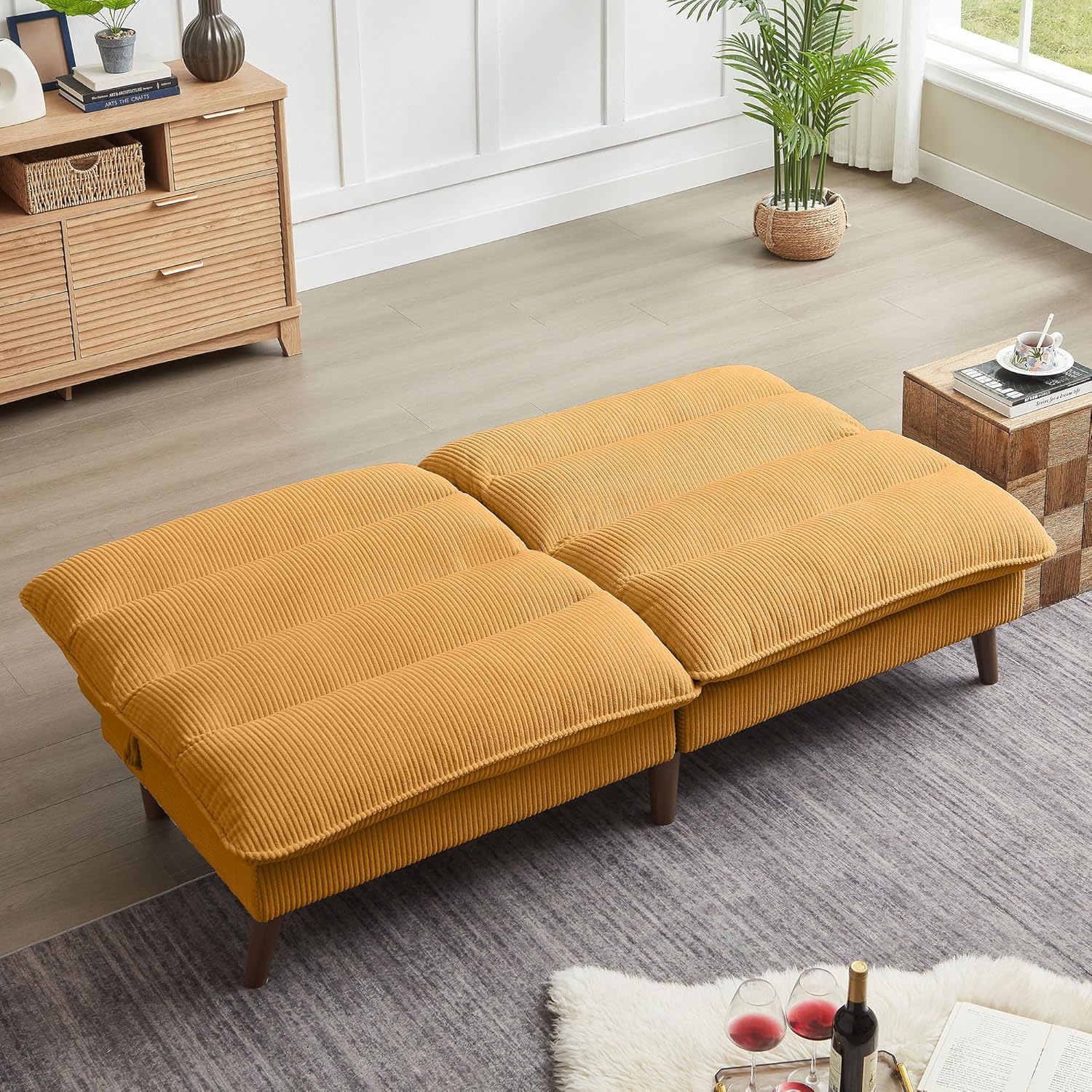 72" Futon Sofa Bed, Futon Couch with Adjustable Backrest, Recliner Small Loveseat for Living Room, Office, Apartment, Corduroy Loveseat, Yellow
