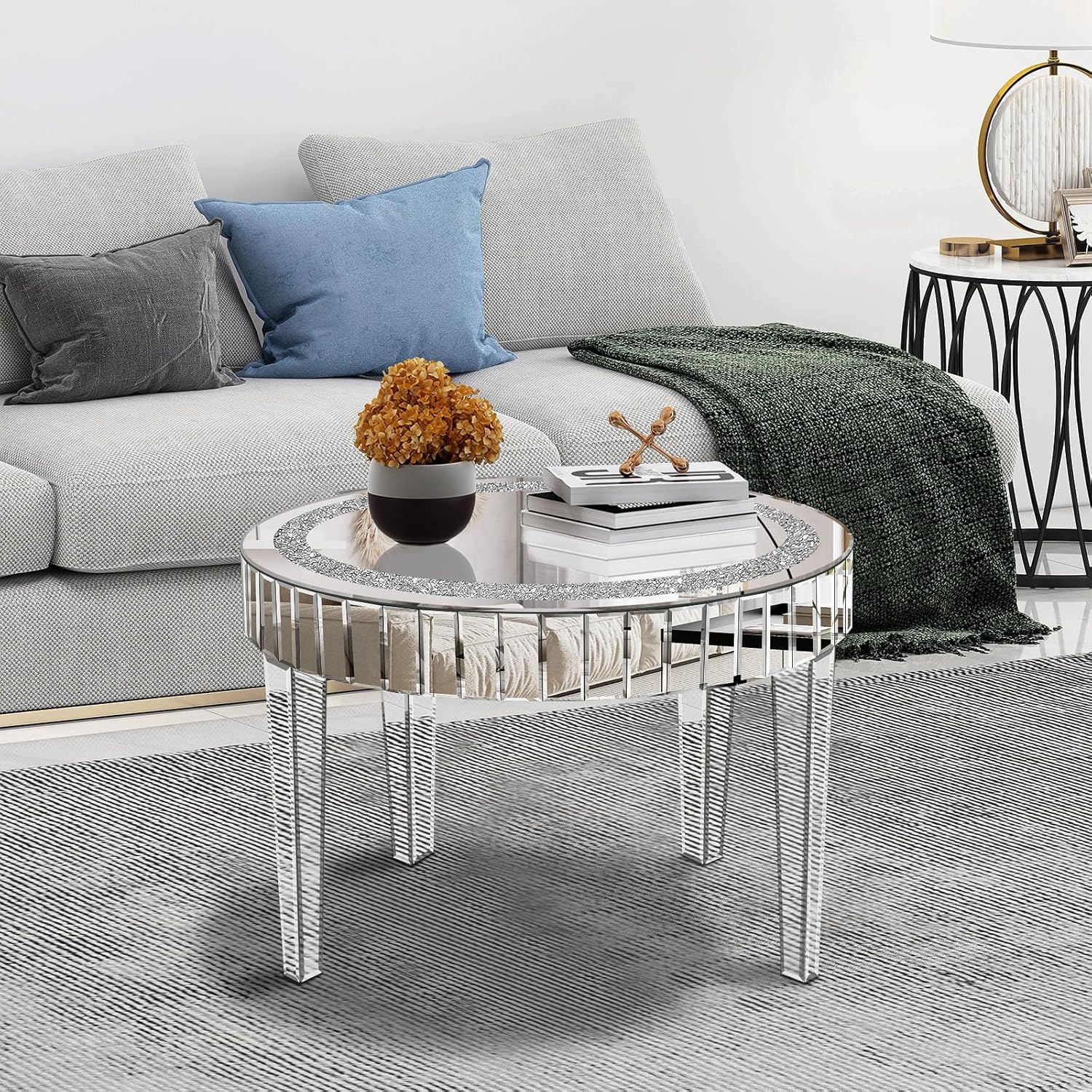 Silver Mirrored Coffee Table with Crystal Inlay, Round Glass Tea Table with Mirrored Finish, Modern Center Table for Living Room and Office (23.6" D x 23.6" W x 19.6" H)