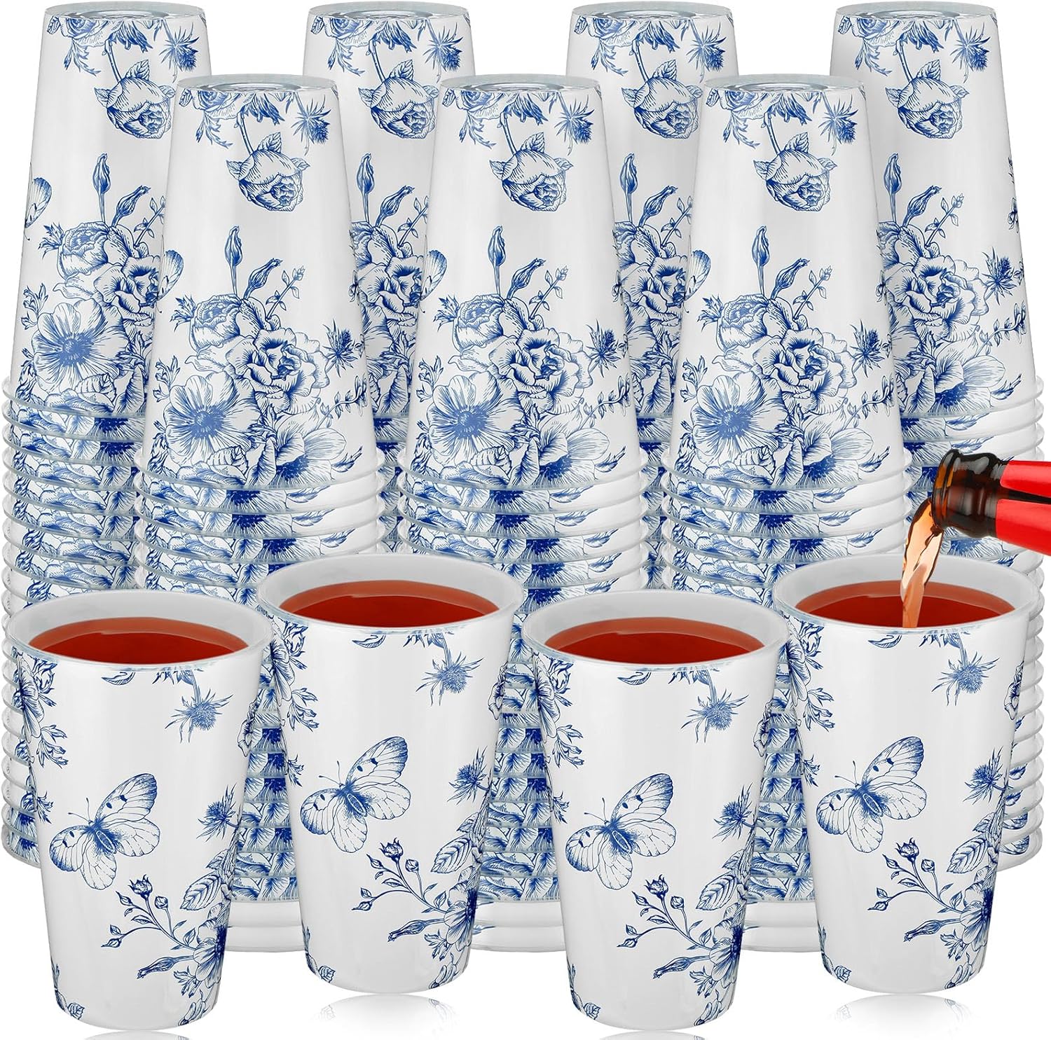 Layhit 50 Pcs 16 oz Blue and White Flower Disposable Cups Blue Chinoiserie Flower Plastic Cups Floral Party Decorations Hot Cold Drinks for Birthday, Bridal Shower, Tea Wedding Party