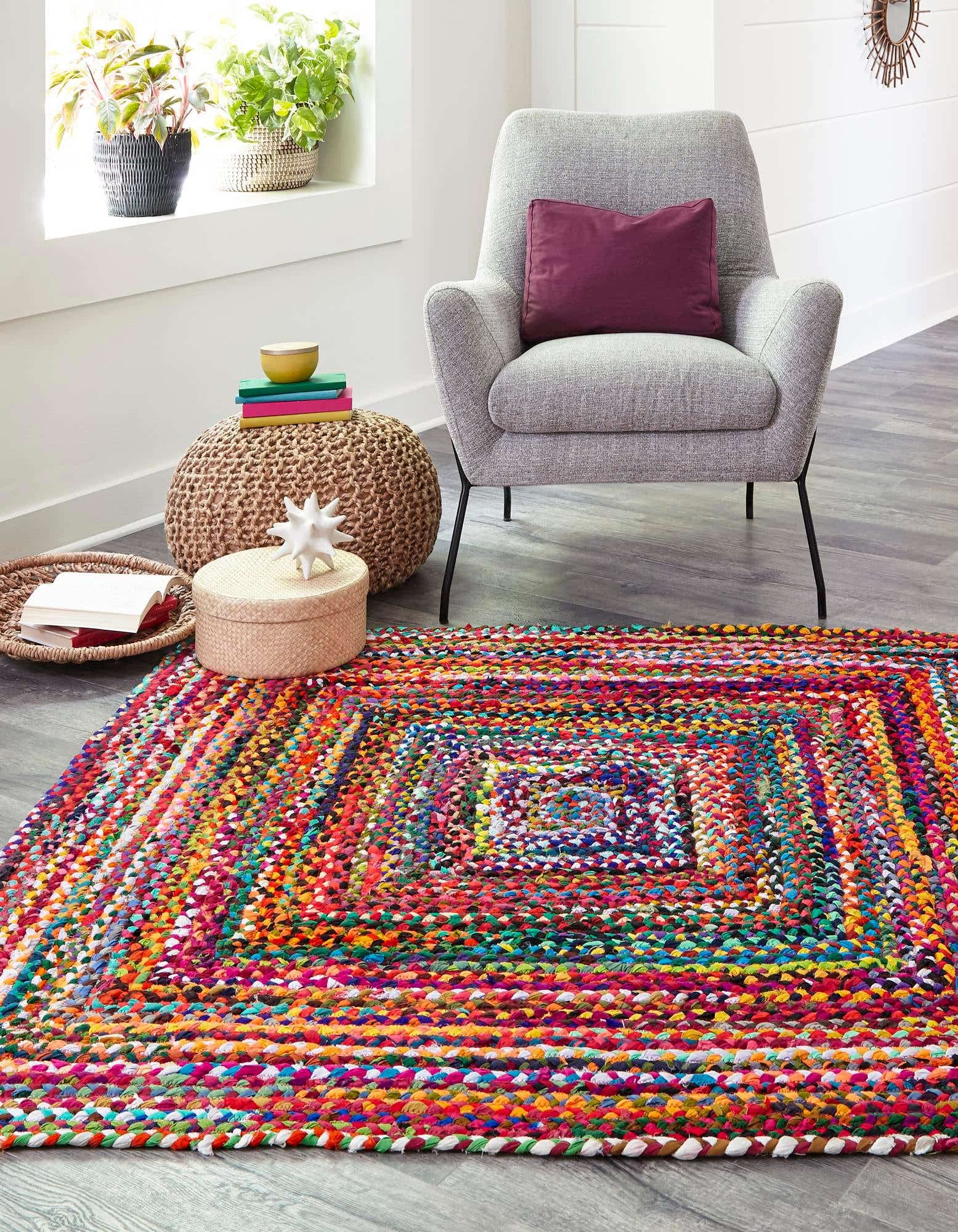 Tapis Chindi carré en Coton tressé à la Main - Style Rustique - pour Salon - 120 x 120 cm