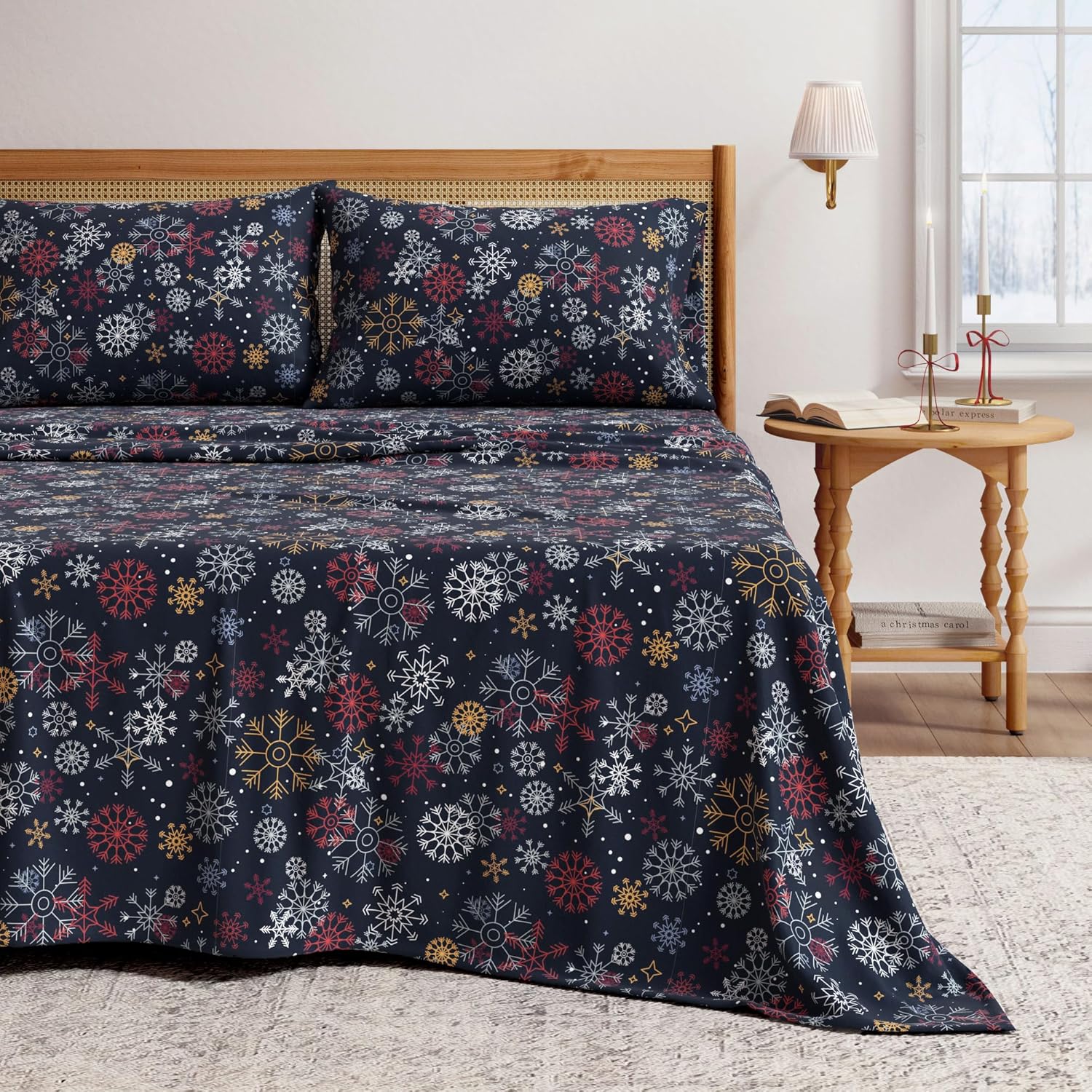 Great Bay Home Christmas Flannel Sheet Set Queen Size - 100% Turkish Cotton, Double-Brushed, Winter Bed Sheets - Ultra-Soft, Cozy, 4-Piece Holiday Bedding Set (New Snowflake) Queen New Snowflake