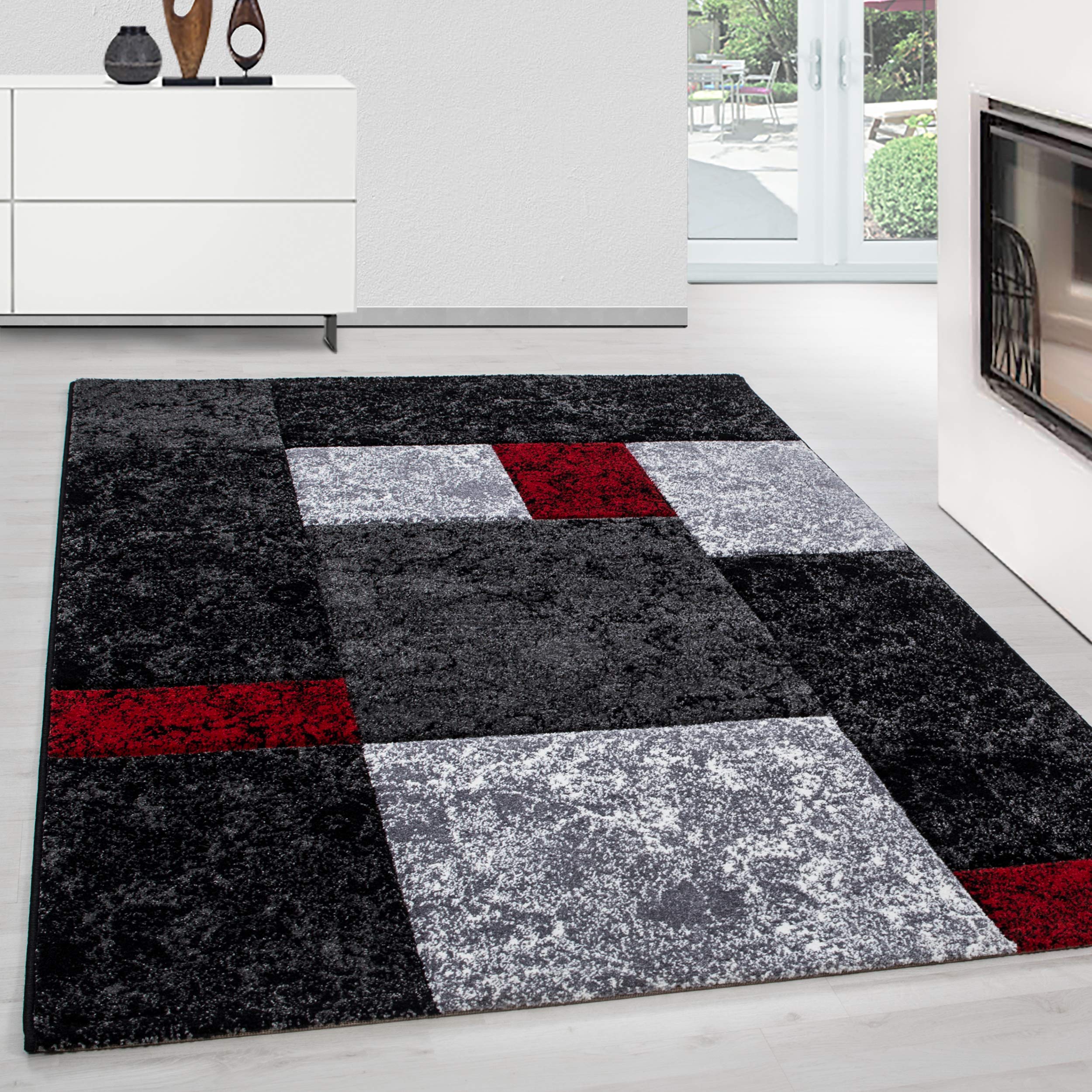Designer Konturenschnitt Teppich Kurzflor, Kariert Design, Rechteckig, Grau - Schwarz, Pflegeleicht, Wohnzimmerteppich