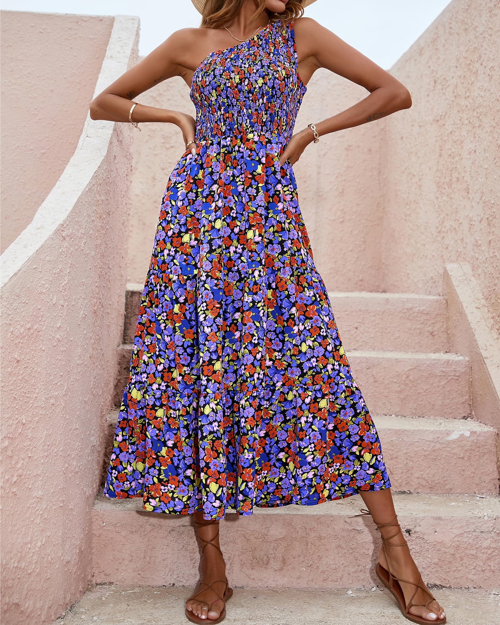 BTFBM 2025 Summer One Shoulder Dresses for Women Casual Sleeveless High Waist Floral Flowy Smocked Boho Beach Maxi Dress