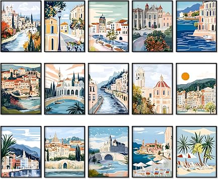 GLASSWINDS 15Pcs Vintage Travel City Landscape Wall Art Prints, Modern Colorful Italian Scenery Decor, Venice Unframed Canvas Paintings for Living Room & Bedroom, 8x10