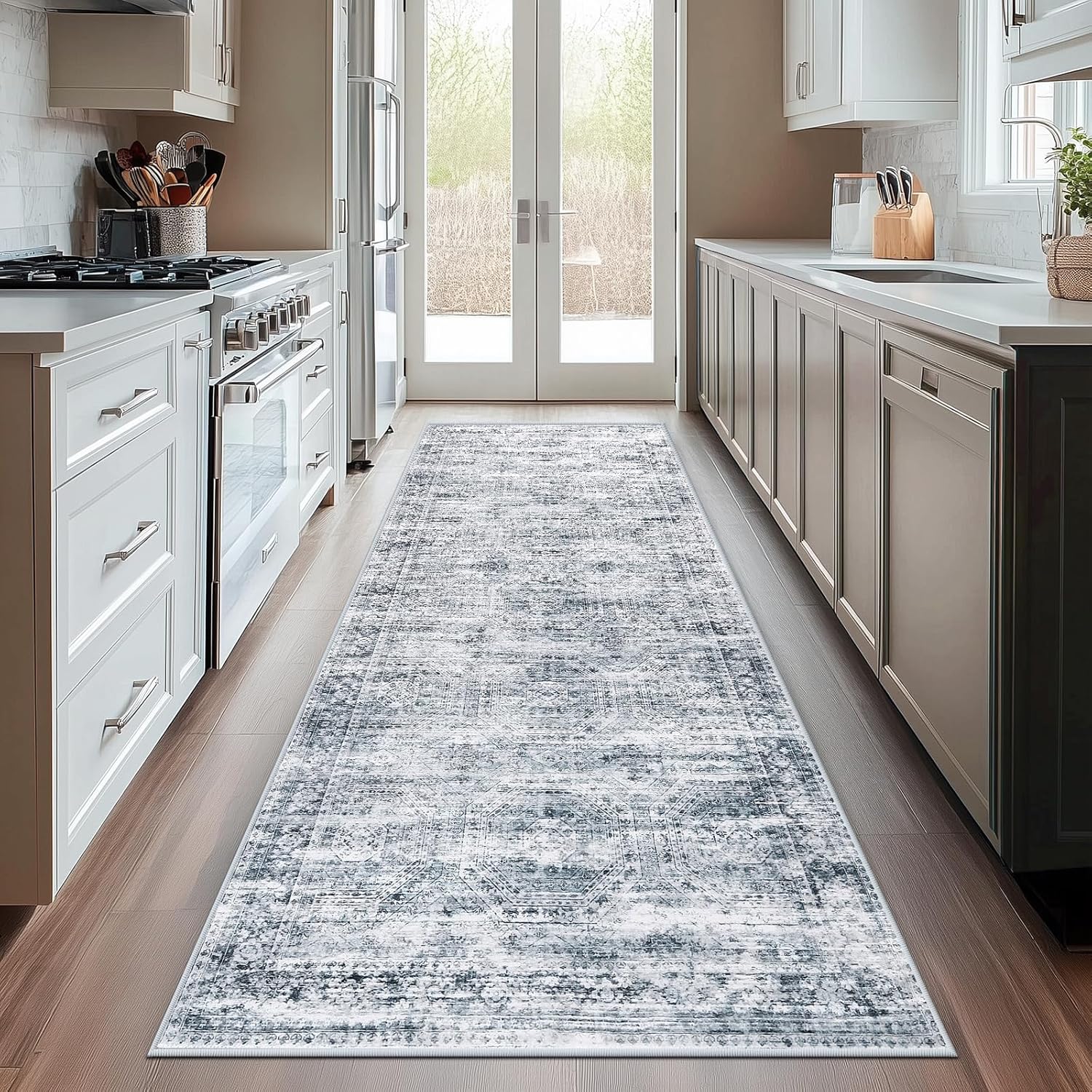 2x6 Washable Runner Rug Non-Slip for Kitchen Hallway - Vintage Boho Distressed Floor Carpet, Low Pile Faux Wool for Entryway Laundry Room, Pet Friendly, Grey Blue