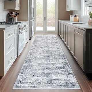 2x6 Washable Runner Rug, Non Slip Backing Vintage Boho Rug for Hallway Kitchen Bedroom, Low Pile Faux Wool Carpet, Distressed Area Rug for Entryway Laundry Room, Pet Friendly, Grey Blue