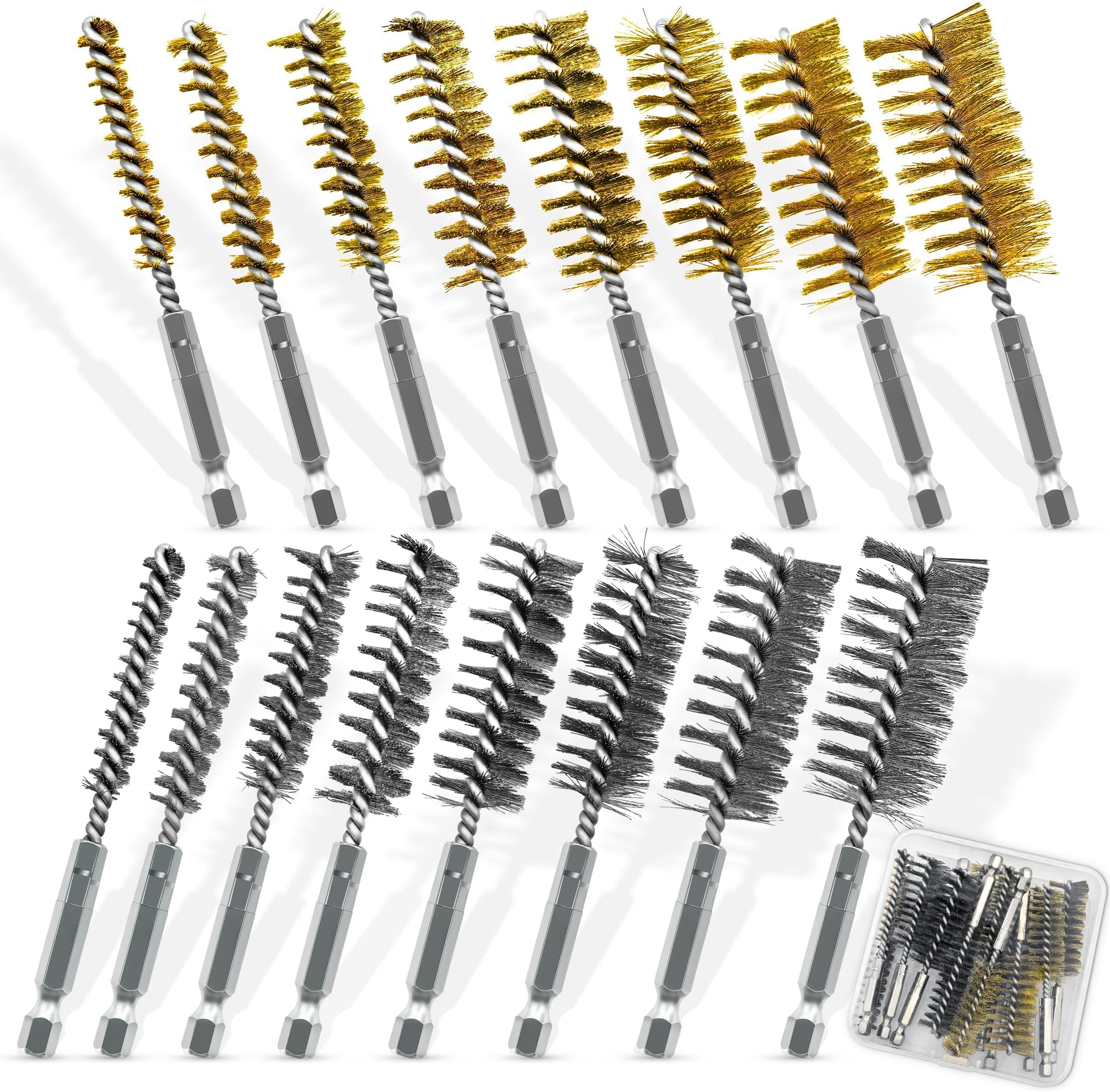 16-Piece Bore Brush Set - 304 Stainless Steel & Brass Drill Wire Bore Cleaning Brushes - 1/4" Hex Shank for Power Drills, Impact Drivers, Grinders (8/10/12/15/17/19/22/25mm)