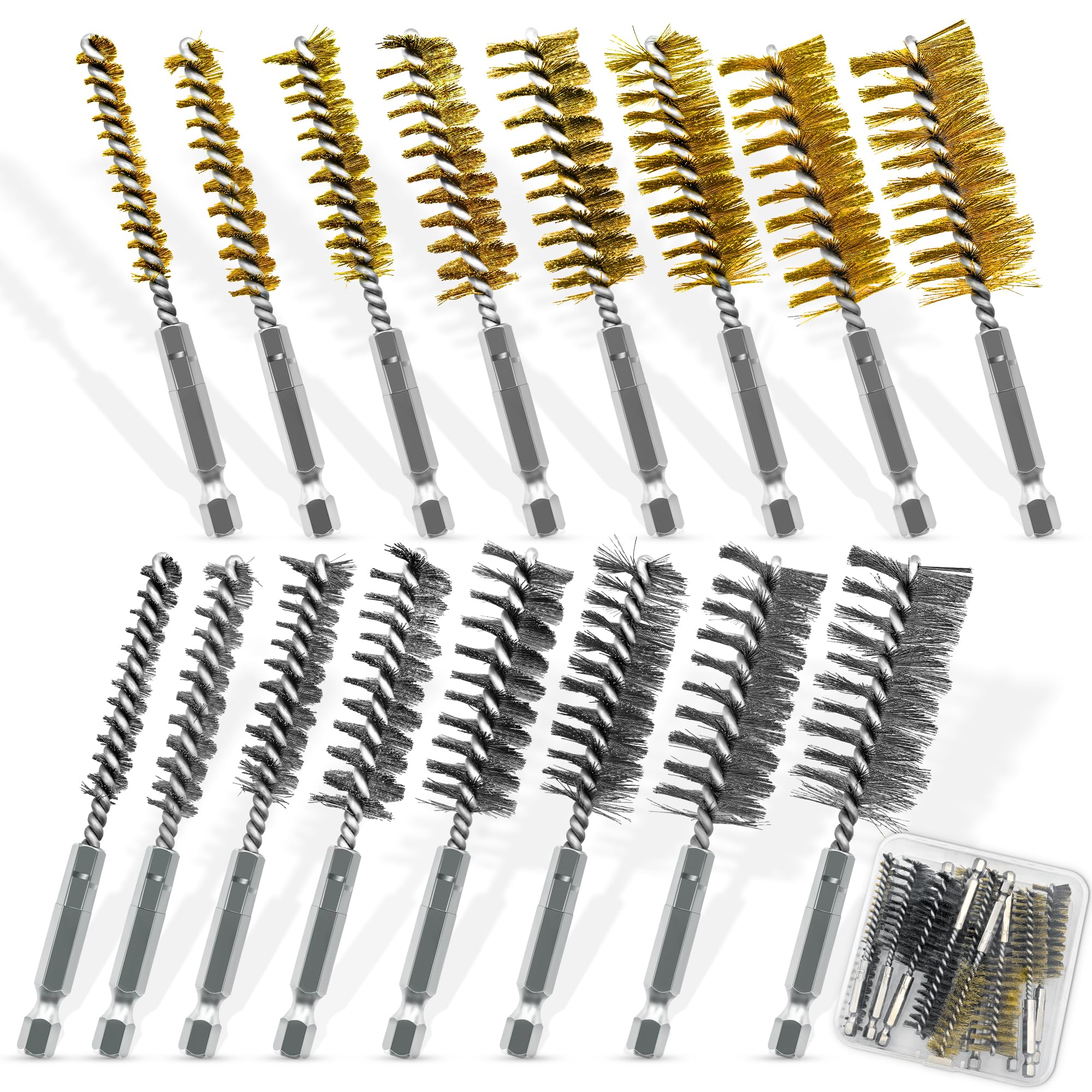 Attoshow 16-Piece Bore Brush Set - 304 Stainless Steel & Brass Drill Wire Bore Cleaning Brushes - 1/4" Hex Shank for Power Drills, Impact Drivers,