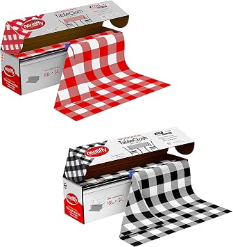 Neatiffy Disposable Plastic Table Cloth Roll | 54 in x 108 Ft | Table Cover for Rectangle, Square, Round Oval Tables | Picnic, Party, Banquet, Birthdays, WeddingsRed Checkered, Black Checkered