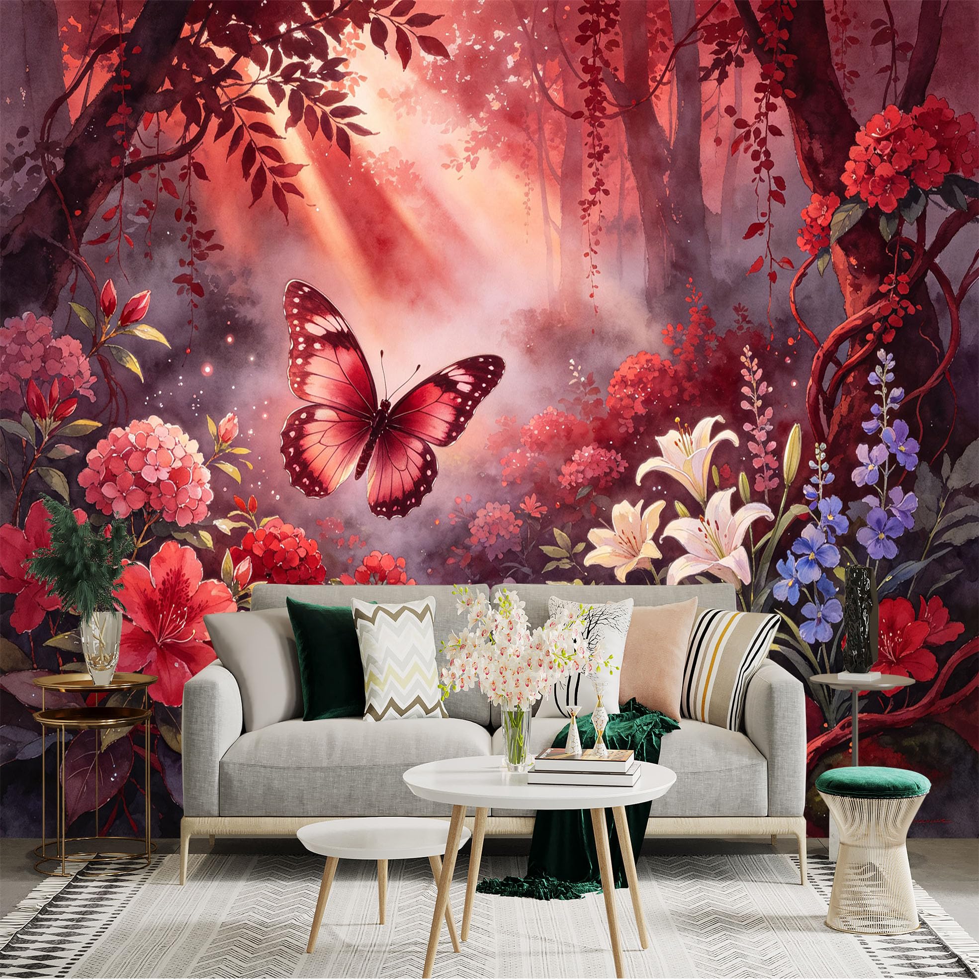 Lnzczhyre Bh260719607 Custom Size Wall Sticker Mural， Red Butterfly In Enchanted Forest， Vibrant Floral Garden， Sunlight Beams， For Wall Decoration， Peelandstick Wall Decals.