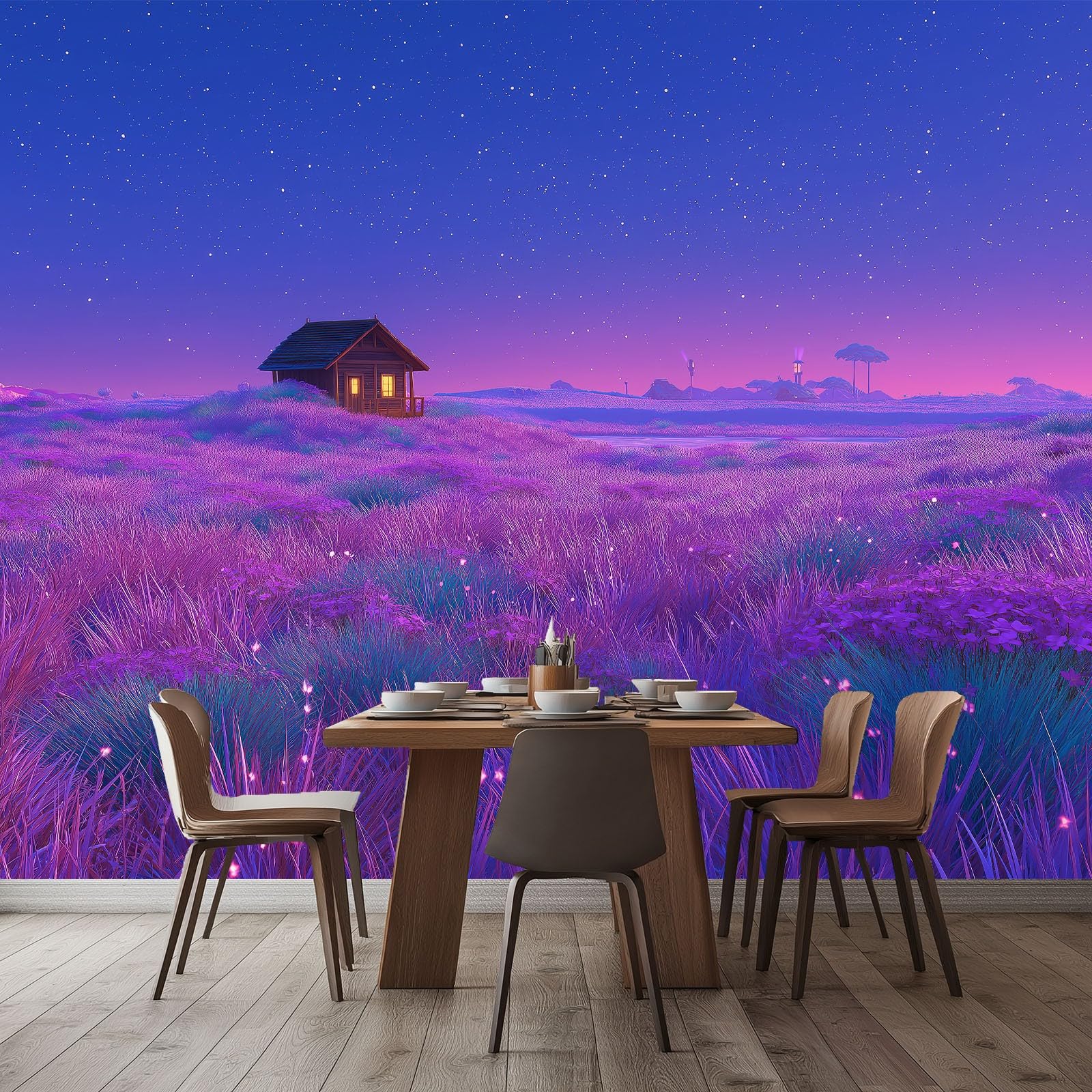 Panoramiczna tapeta Niebieski Fioletowy Niebo Pole Kwiaty Baita Drewno, Nowoczesna fototapeta 300 cm x 210 cm - Tapeta Dekoracja domu Anime do salonu pokoju dziecięcego biura