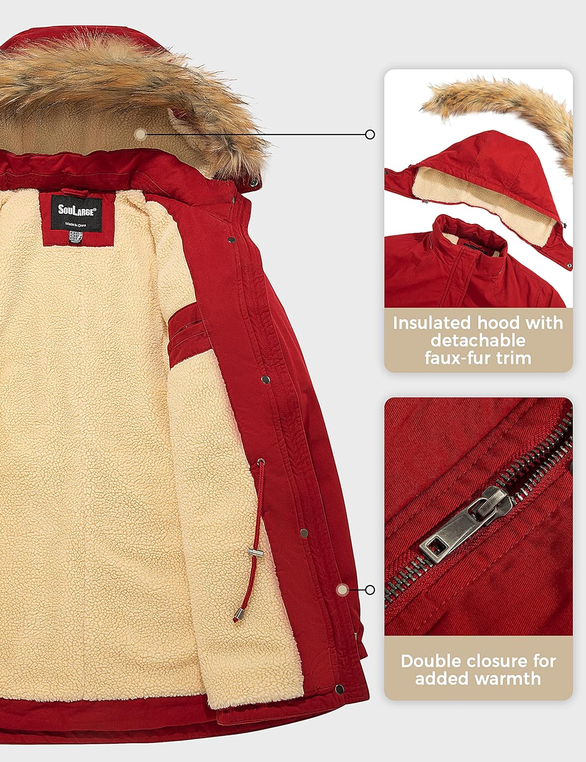 Soularge Women's Winter Plus Size Sherpa Lined Jacket with Detachable Hood - Image 4