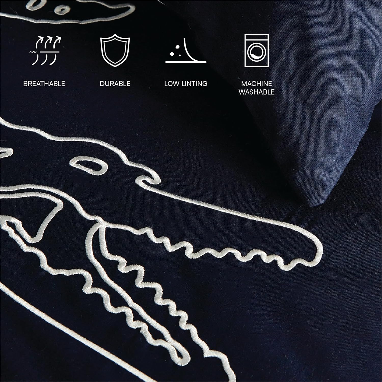 Lacoste Big Croc Comforter Set – 100% Cotton Percale 180-Thread Count, Reversible Duvet & Pillow Shams, Soft Breathable, Iconic Croc Logo, Navy, King