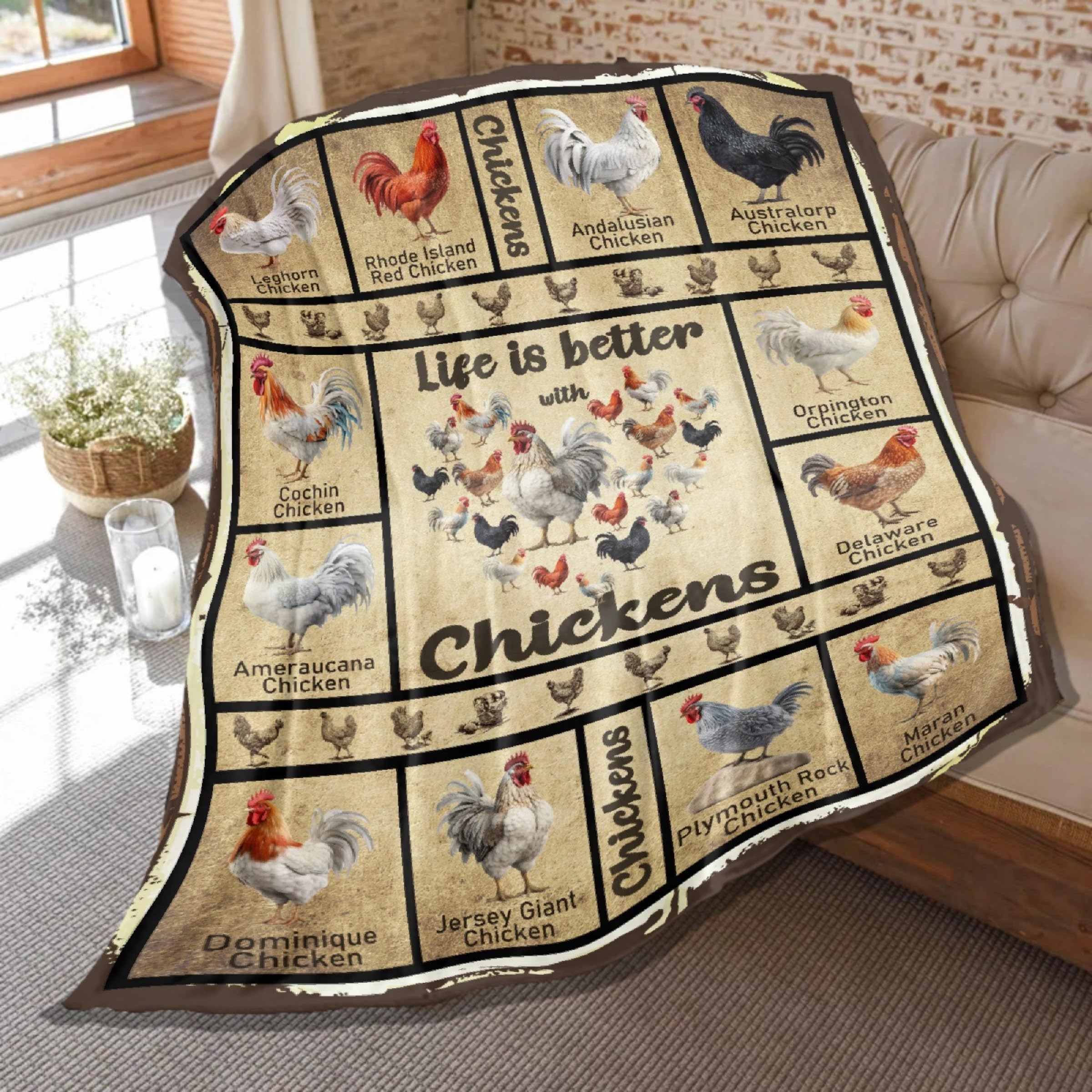 Vintage Chicken Blanket,Chicken Gifts for Chicken Lovers,Breeds of Chickens Print Throw,Soft Lightweight Flannel Quilt for Sofa Bedroom,60 x 50in for Teens