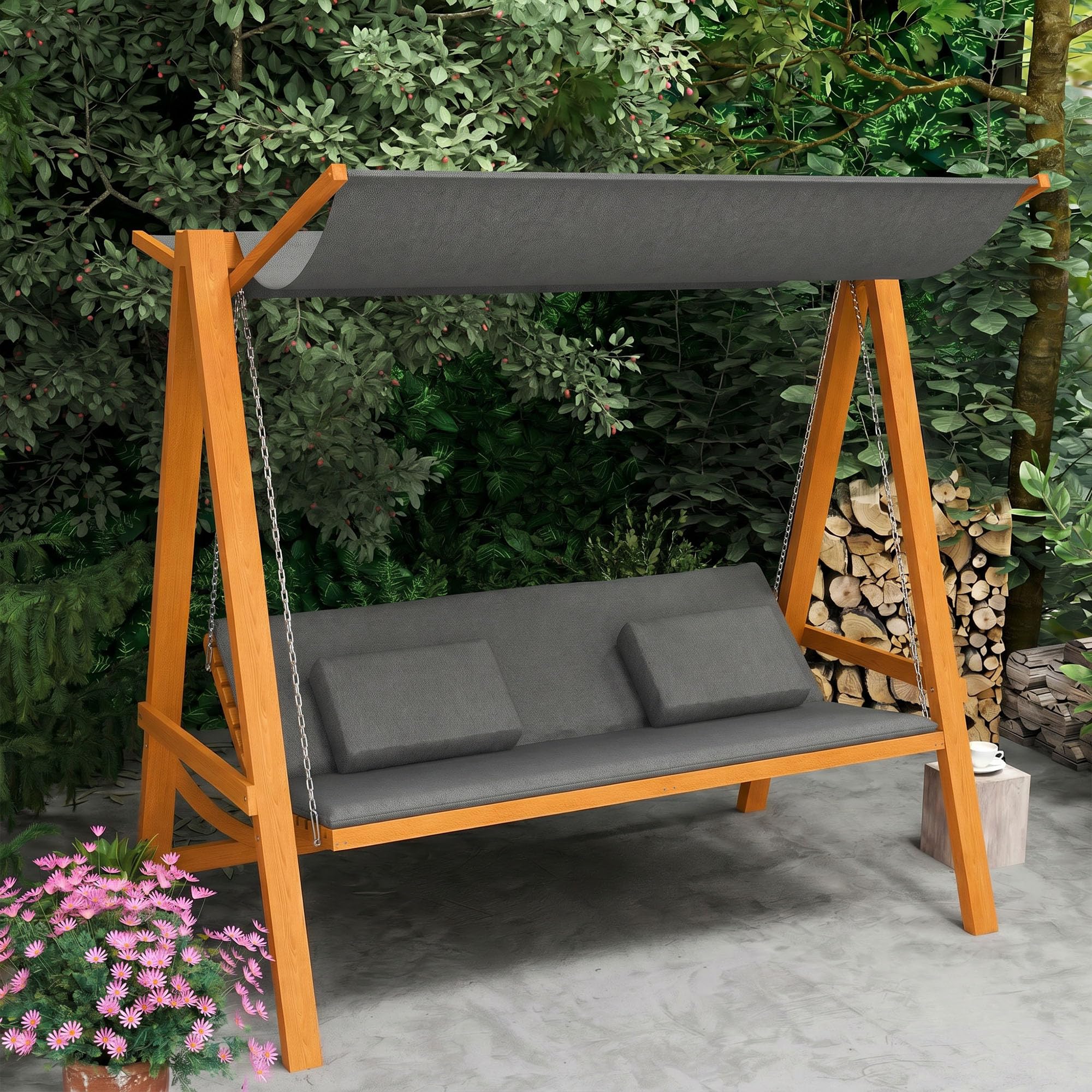 Outsunny Hollywoodschaukel mit Bettfunktion 3-Sitzer Holzschaukel mit verstellbarem Sonnendach Lärche Gartenschaukel belast 240kg Gartenliege Schaukelbank für Terrasse, 225,5 x 130 x 180 cm Grau+Teak